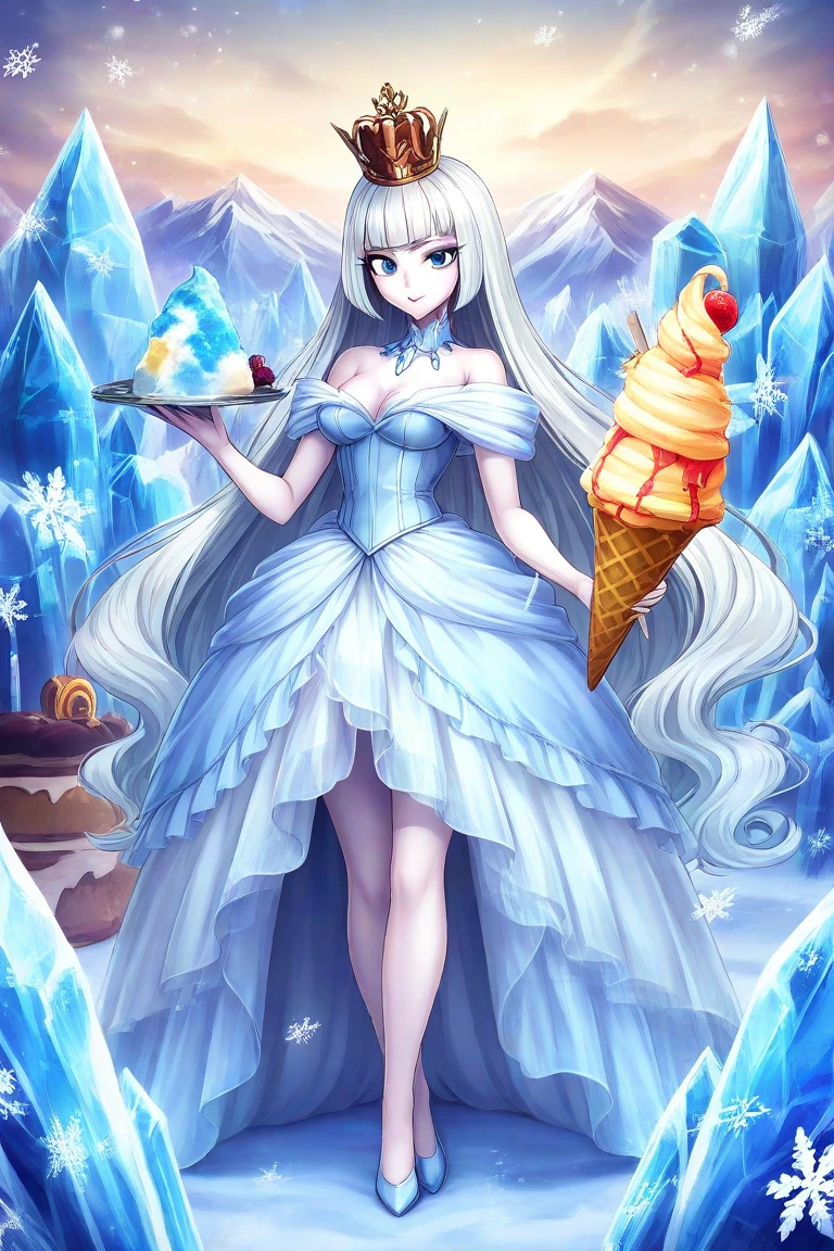 "A regal and mysterious Ice Cream Queen standing alone in a frozen sugar palace. She has pale vanilla skin with a soft glow, long flowing hair like whipped cream, and wears an elegant gown made of spun sugar, glimmering ice crystals, and delicate layers of shaved ice. Her crown is crafted from a golden waffle cone with pearls of frozen syrup. The air around her swirls with frosty mist and soft snowflakes shaped like sprinkles. Her expression is serene but melancholic, hinting at ancient sorrow. In the distance, a landscape of frozen desserts and  mountains stretches behind her."