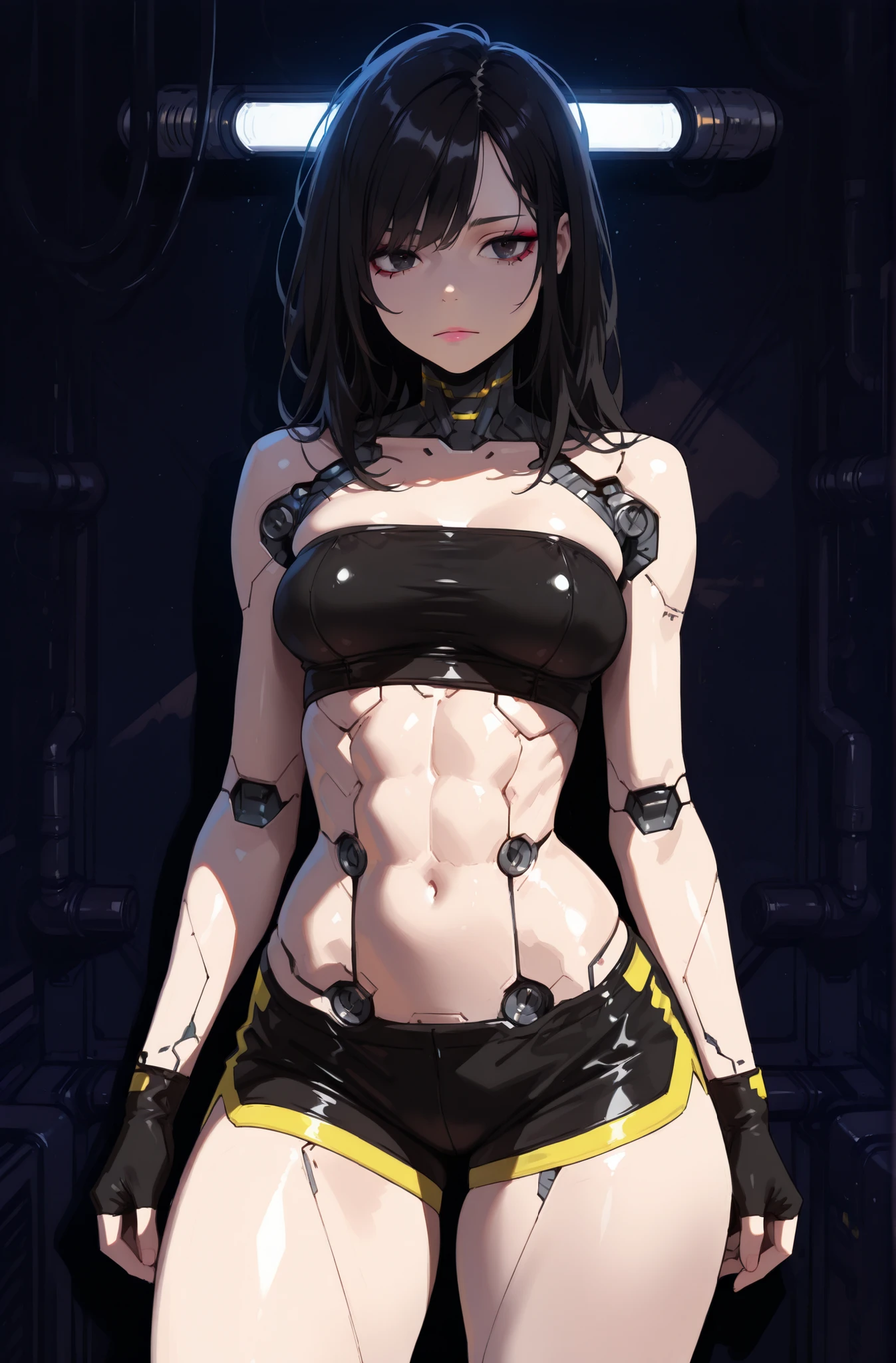 (masterpiece:1.35), (very aesthetic, best quality:1.3), highly detailed, dark environment, backlit, absurdres, no lineart, detailed shading and textures, flat anime style, dark background, cyberpunk aesthetic,
Indoors, sharp detail, solo, plastic, a female android, cyberpunk, futuristic, mechanical anatomy, robotic anatomy, skin lines, mechanical robot hips, mechanical robot trim,
Adorable and attractive, female, disheveled hair, shiny hair, black hair, shiny plastic skin, curvy and petite body, dark eyes, perfect breasts, very narrow waist, skindentations, hip_indentations, very small abs, slender, round hips, thick thighs, swept bangs, disheveled hair, hair down,
Black trim, revealing outfit, fingerless gloves, black tube-top, black spandex shorts, impossible clothes, exposed midriff,
Standing, facing viewer, neutral expression, dynamic pose, expressionless, pink lips, eyelashes, eyebrows, eyeliner, blinking lights, digital components, small yellow trim,