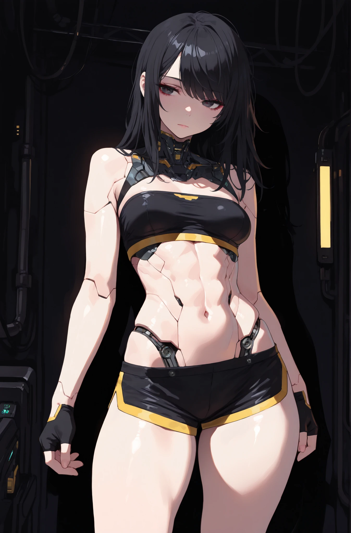 (masterpiece:1.35), (very aesthetic, best quality:1.3), highly detailed, dark environment, backlit, absurdres, no lineart, detailed shading and textures, flat anime style, dark background, cyberpunk aesthetic, 

Indoors, sharp detail, solo, plastic, a female android, cyberpunk, futuristic, mechanical anatomy, robotic anatomy, skin lines, mechanical robot hips, mechanical robot trim,

Adorable and attractive, female, disheveled hair, shiny hair, black hair, shiny plastic skin, curvy and petite body, dark eyes, perfect breasts, very narrow waist, skindentations, hip_indentations, very small abs, slender, round hips, thick thighs, swept bangs, disheveled hair, hair down,

Black trim, revealing outfit, fingerless gloves, black tube-top, black spandex shorts, impossible clothes, exposed midriff, 

Standing, facing viewer, neutral expression, dynamic pose, expressionless, pink lips, eyelashes, eyebrows, eyeliner, blinking lights, digital components, small yellow trim,
