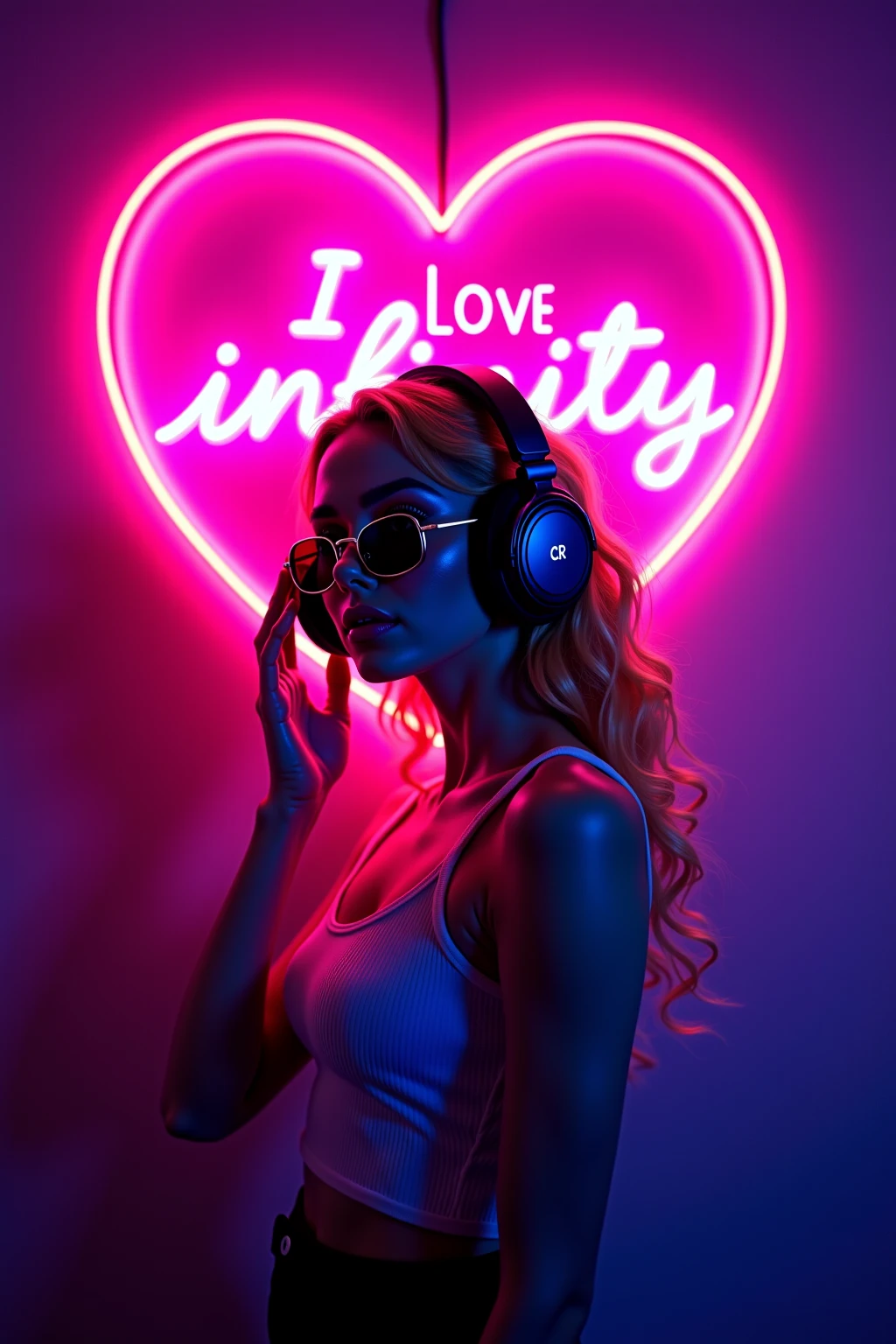 bright red hair. beautiful woman with curly hair Volume and sunglasses in headphones - earphone surrounding dark room neon cyberpunk at night coordinator neon glow,In the room the sign glows and shimmers in neon light" For The Love of Music" realistic style, beautiful colors, Living picture, masterpiece, detailing