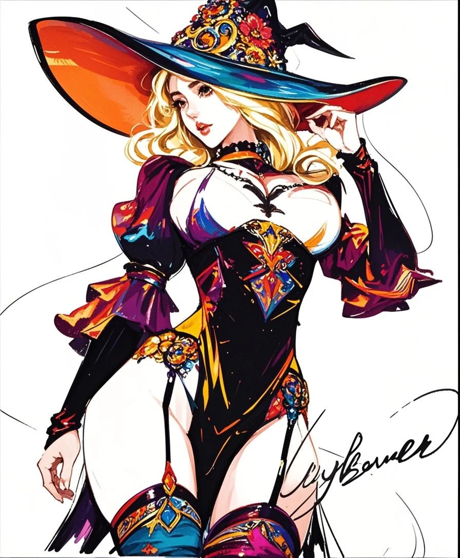 A printable black and white coloring page featuring a sexy witch, clean line art