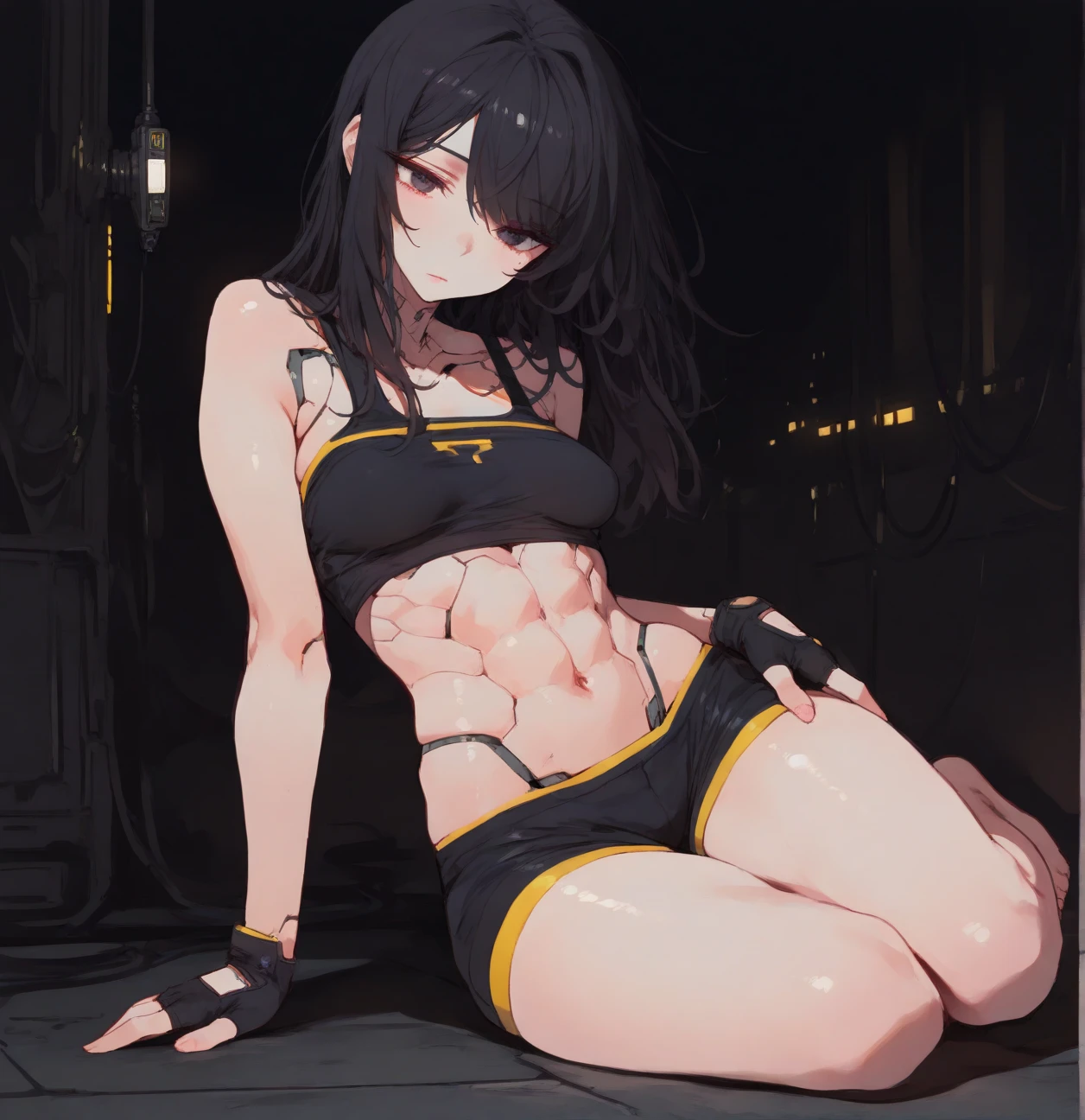 Masterpiece, best quality, high resolution, 1 woman, black skin , black hair , Close your eyes.. , black tank top , underwear , abdomen , big breasts, Long legs , Barefoot , stretch , sit , open your legs. , stairs , tunnel , drain pipe