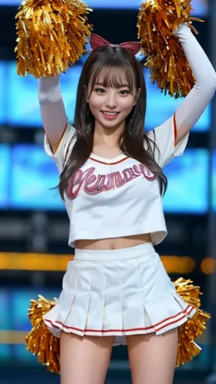 Beautiful Korean idol cheerleader poster,Painting,High resolution,Very detailed,Realistic:1.37,Bright colors,High resolution,Studio Lighting,Sharp focus, Dance cheerfully,Smile happily,Perfect Makeup,Great costumes, Crowd cheers,An exciting atmosphere,Dynamic pose,expressive movement, Beautiful Hair,Sparkling eyes,Rose Cheeks,Fuller lips, Colorful pom poms,Flying confetti,Shining Spotlight, Captivating performance,Cheerful cheers,Unforgettable memories、Squat down and spread your legs wide