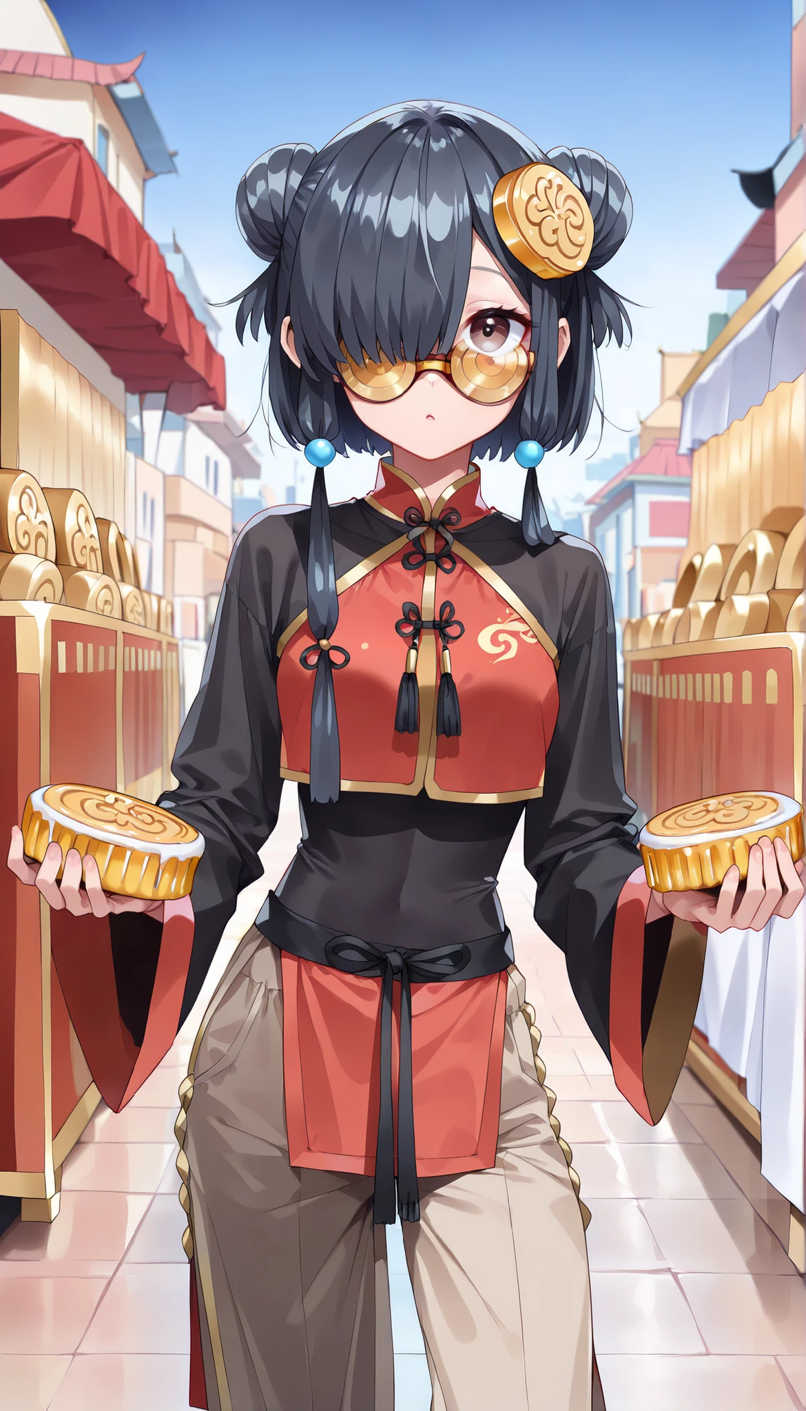 ( masterpiece , best quality , high quality ,8k,) personification of mooncake girl flat-chests (black-short-bob-bun-hair:1.4) (mooncake-hair-accesory:1.8) (red Kung fu clothing :1.4). (pants:1.4) (long-sleeves:1.4) tights (holding-magical-mooncake-rod:1.8) magical-girl (hair over one eye, bangs, long bangs, :1.4) high-fantasy-style .street town sweets-stall table mooncake in box