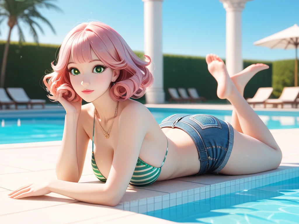 diy7,A young woman lounging poolside on a deck chair in a bikini with high heels, bathed in the warm glow of the setting sun, looking relaxed and comfortable, surrounded by palm trees, swimming pool in the background, a cocktail umbrella on her lap, sandy beach stretching out in the distance, sky painted with hues of orange and pink, dolphin swimming in the distance, tranquil atmosphere, beautiful and serene environment, resort vacation, masterpiece, high quality, photorealistic, cozy atmosphere, detailed character, detailed environment.