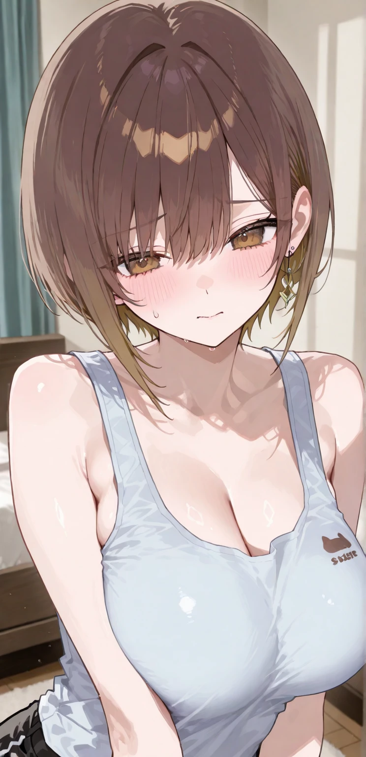 nsfw,One Woman、10 years old、Primary school students、Completely naked、(Beautiful nipples)、((Small Breasts)),Highest quality、Very delicate and beautiful、((Very short bangs))、((Bangs))、Light shiny brown hair、The hair is light、((Short Bob))、Cute face、Young face、Cute like an idol、Yellow Eyes、Are thin、Slim figure、Short、(Child body type)、((Lots of sweat))、Embarrassed face、Open Mouth、Troubled face、Red face、(School classroom)、Photographed from the front、Pink Bra、