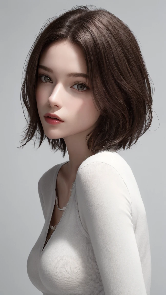 8K uhd、RAWphotograph、モデルphotograph撮影、 European race、(masterpiece、highest quality、Photorealistic、High resolution、photograph:1.3)、Close-up、Focusing、Hot Model、slim、30 year old mature woman、Small face、No makeup、Short Hair、Dark Brown Hair、Fine beautiful eyes、Realスキン、(perfect body)、Sexy hot face、Erotic、Sexual gaze、Detailed beautiful eyes、Glossy lips、Small breasts、Small breasts、Bust B cup、((Bright light、Dynamic lighting、Real、超Real、 realism、Realなディテール、Cool beauty、Cool pose、Background gray、Plain grey background