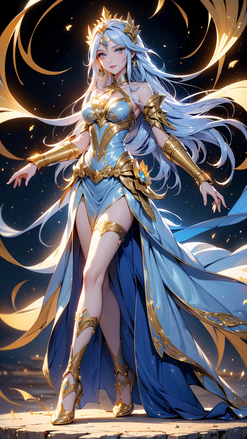 masterpiece, best quality, high quality, Erwin, elf, long hair, pale hair, yellow eyes, purple skin, deep blue cape with golden ornaments (1solofemale full body standing straight symmetrical, hands on hips)