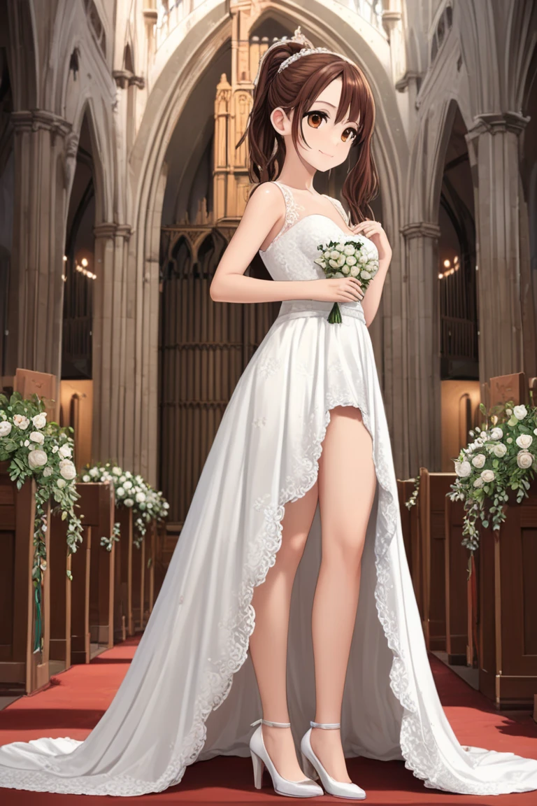 Anime girl, 20 years old, One side up, Hair Ribbon, masterpiece, top quality, high resolution, unity 8k wall paper, illustration, detailed eyes, extra detailed face, Highly detailed CG, glossy lips, light makeup, standing, necklace, (garden), off the shoulder, wedding dress, white lace panties, high heels, skirt lift, long brow wavy hair