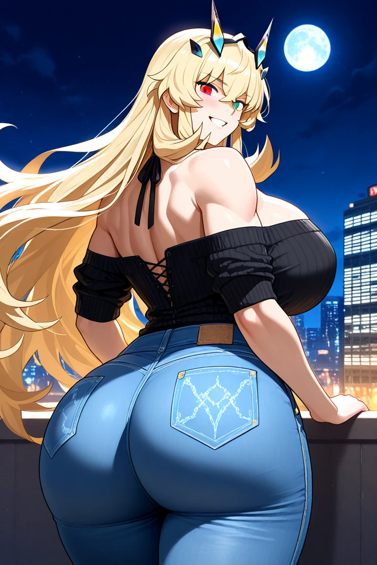Super detailed、highest quality、Best image quality、masterpiece、8K、Anime Face、A kind smile、Open Mouth、Sparkling Blue Eyes、(Long blonde wavy hair:1.5)、Heavy bangs、Wearing a maid headband、(SFW huge body)、(((Rear view)))、Cowboy Shot、(Wearing a white thong:1.3)、Muscles of the whole body、Kneel、(Place your hands on your hips:1.2)