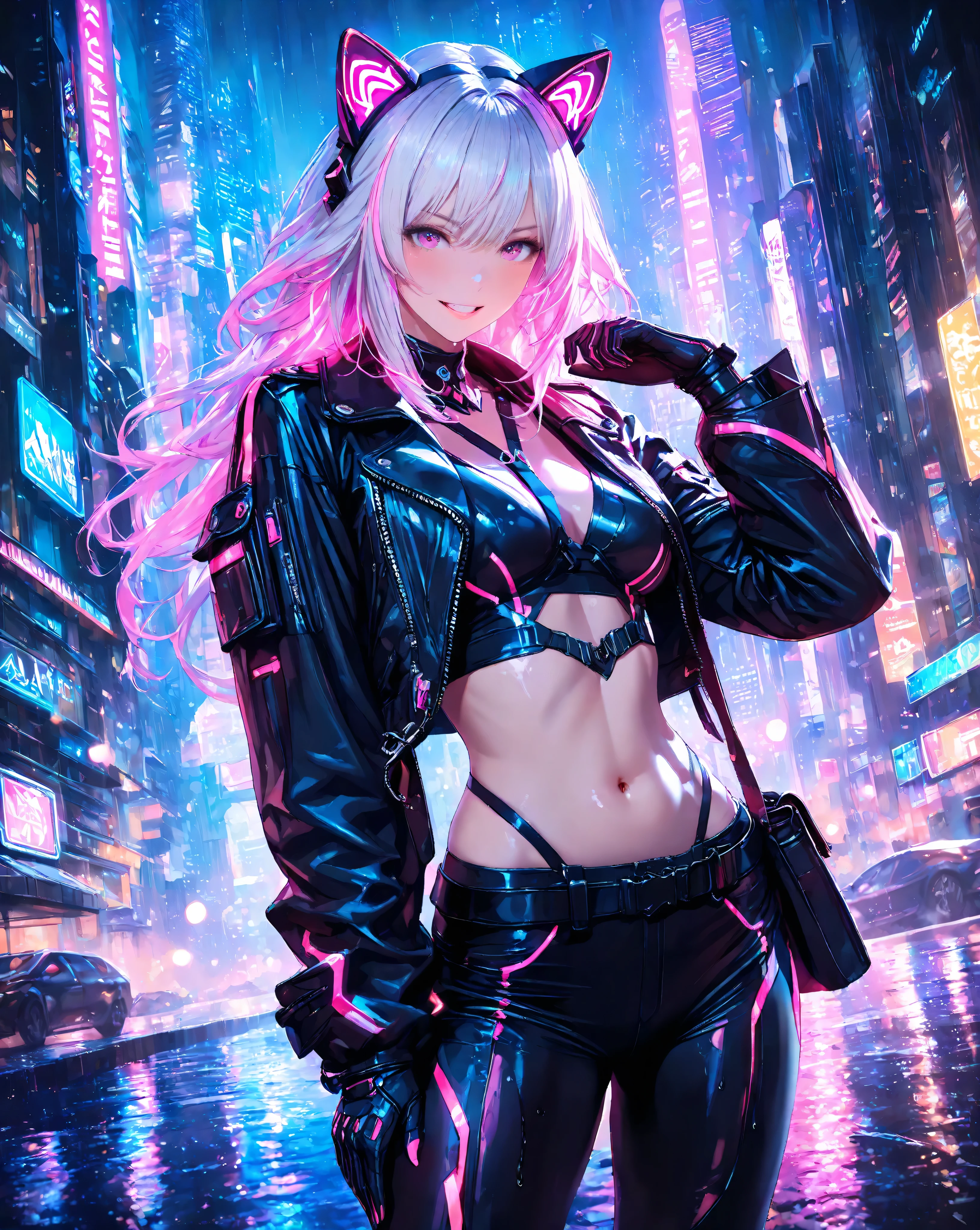 Quality:(Score_9), (masterpiece, detailed:1.2), (ultra-detailed), (ultra-quality), (super-resolution), (detailed-background)

Art Style:(photorealistic):1.4, (2.5D):1.5, (realistic lighting):1.3, (realistic texture):1.2, cinematic lighting, volumetric lighting, ray tracing, depth of field, neon glow, cyberpunk lighting, vibrant pastel color palette, dramatic angle

Subject (Foreground):
(close-up), (upper body),(Breathtaking 20-Year-Old Fairy Cat Bounty Hunter Woman):1.5, (triumphant-grin):1.4,(determined expression), vivid eyes, delicate and moisturized lips, smooth and Slender body lines, translucent and moisturized skin, graceful knee lines, natural and beautiful leg lines, delicate body contours,
(detailed-skin-texture):1.3,
(platinum hair with neon highlights):1.2, shimmering with digital light, meticulously detailed strands of hair, silky smooth texture, flowing like it flutters in the wind, natural shading and highlights,
(cyber cat ears):1.2, emitting faint holographic glows,
(mechanical cat tail):1.2, with visible intricate circuitry and a subtle hum,
(cyberware from which the fox tail emerges):1.2, subtly pulsating with light,
(natural and graceful hand pose):1.3, (perfect human hands):1.2, (anatomically correct hands):1.2, hands based on realistic human body structure, transparent fingertips, clearly defined joints, detailed expression of the fingers, 
(dynamic action pose):1.3, 

Outfit:(cyberpunk techwear):1.6, (belly-exposing crop top):1.6, (black leather jacket with neon glowing lines):1.5, (short-sleeved black leather jacket):1.4, (harness and straps):1.3, (armored gloves):1.3, (futuristic combat boots):1.3

Background (Midground & Background):
(cyberpunk cityscape street level):1.6, (neon lit city street), (futuristic buildings), (subtle glowing holographic advertisements), (light rain on wet pavement), (steam from street vents), (distant skyscrapers), (empty street), (calm cityscape), (depth of field:1.2), (bokeh foreground)