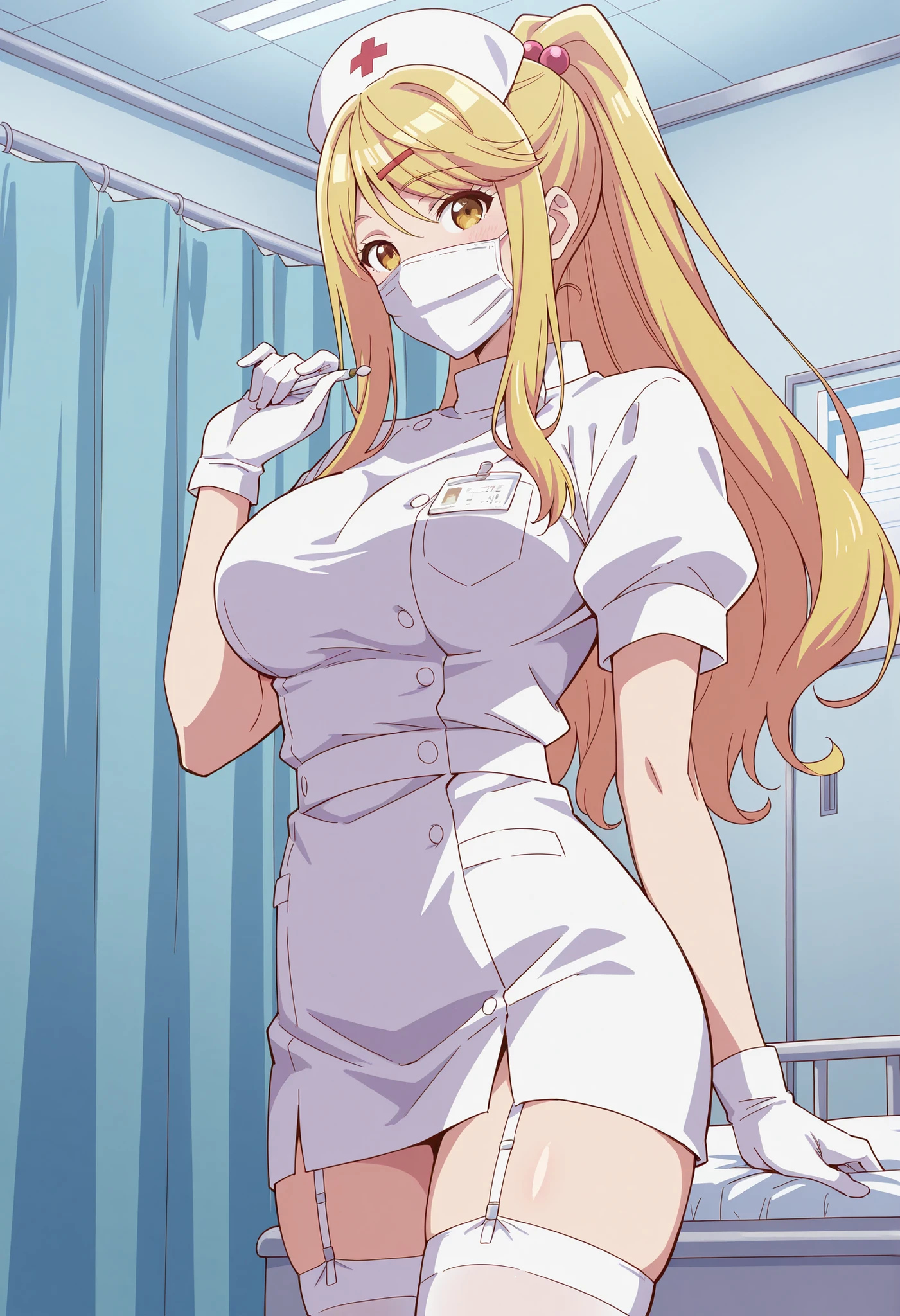 Score_9, score_8_up, score_7_up, source_anime, himari ishikura, solo, bangs, blonde hair, hair ornament, yellow eyes, ponytail, hairclip, high ponytail, large breasts, hair bobbles, (best quality), (high quality), {masterpiece}, extremely delicate and beautiful, ultra-detailed, beautiful detailed eyes, nurse, nurse hat, ((white nurse's outfit)), white gloves, white thighhighs, hospital room, ((white mask, mouth mask, covered nose)), standing