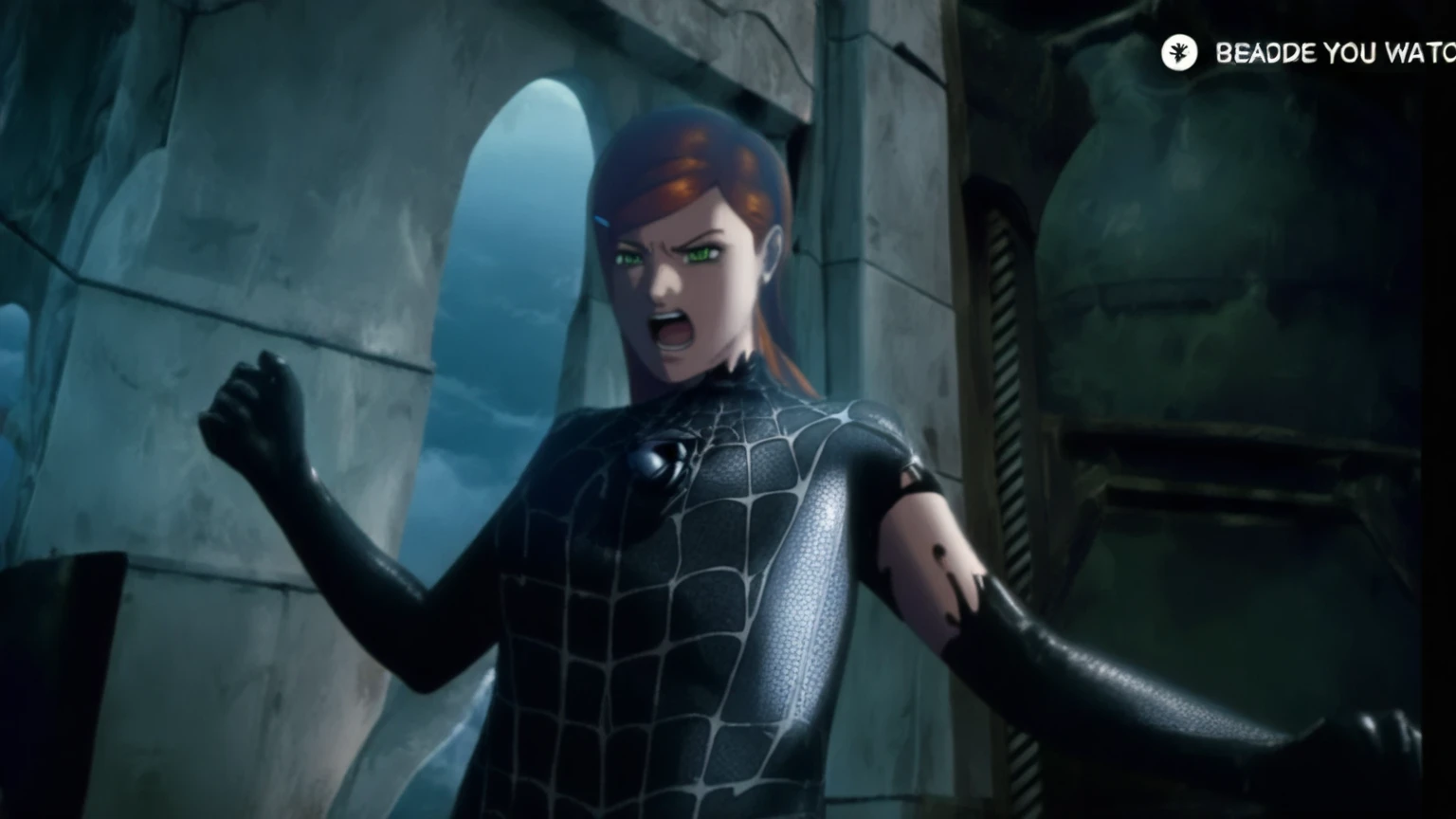 score_9, score_8_up, score_7_up, score_6_up, score_5_up, score_4_up, gwen tennyson angry rage ripping the black liquid latex symbiote suit , female body, sexy female body, girl sexy  , orange hair , long hair , green eyes , bell tower background , girl screaming , beautiful girl screaming, 1girl, white spider symbol , animated ,   cartoon