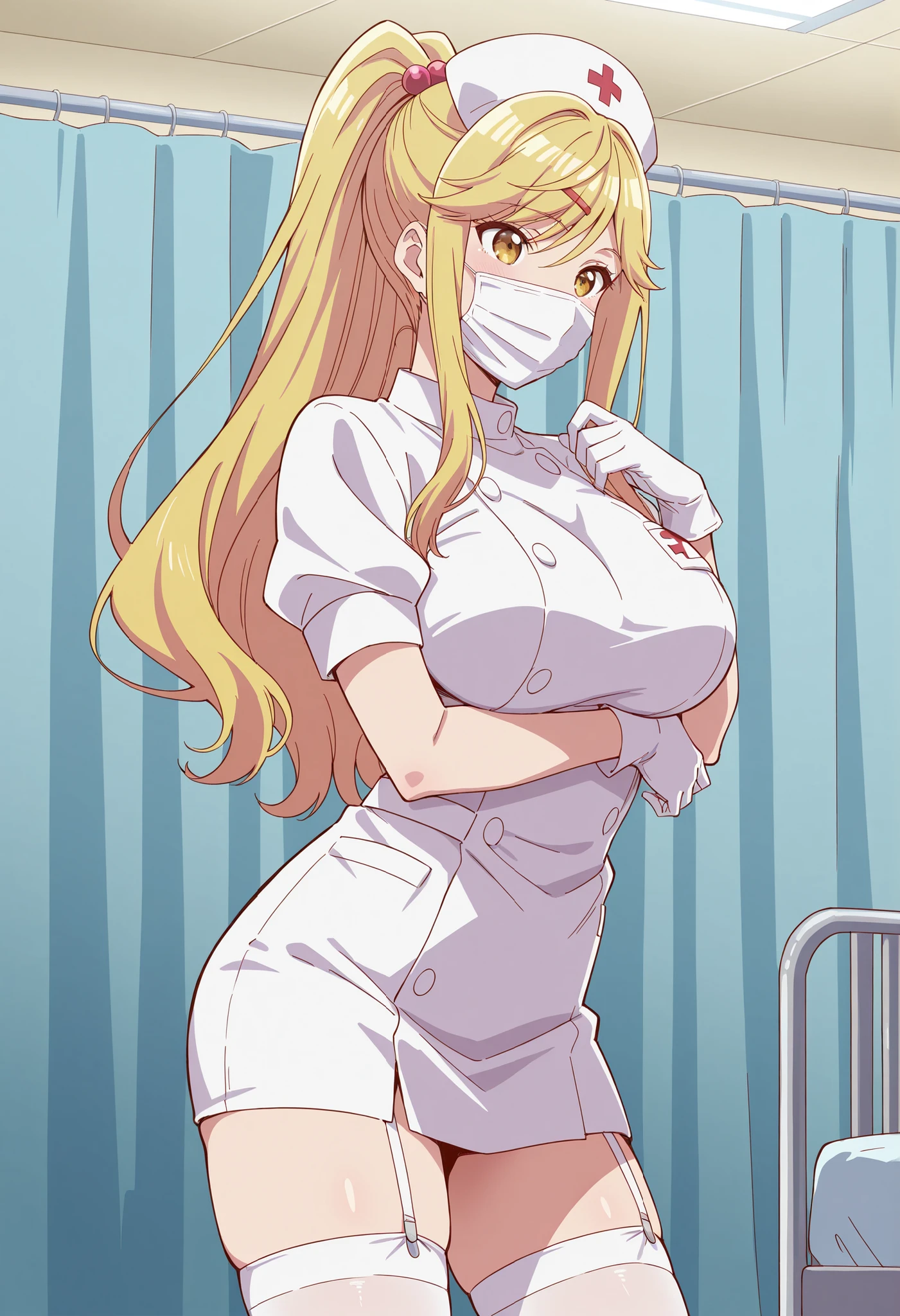 Score_9, score_8_up, score_7_up, source_anime, himari ishikura, solo, bangs, blonde hair, hair ornament, yellow eyes, ponytail, hairclip, high ponytail, large breasts, hair bobbles, (best quality), (high quality), {masterpiece}, extremely delicate and beautiful, ultra-detailed, beautiful detailed eyes, nurse, nurse hat, ((white nurse's outfit)), white gloves, white thighhighs, hospital room, ((white mask, mouth mask, covered nose)), standing