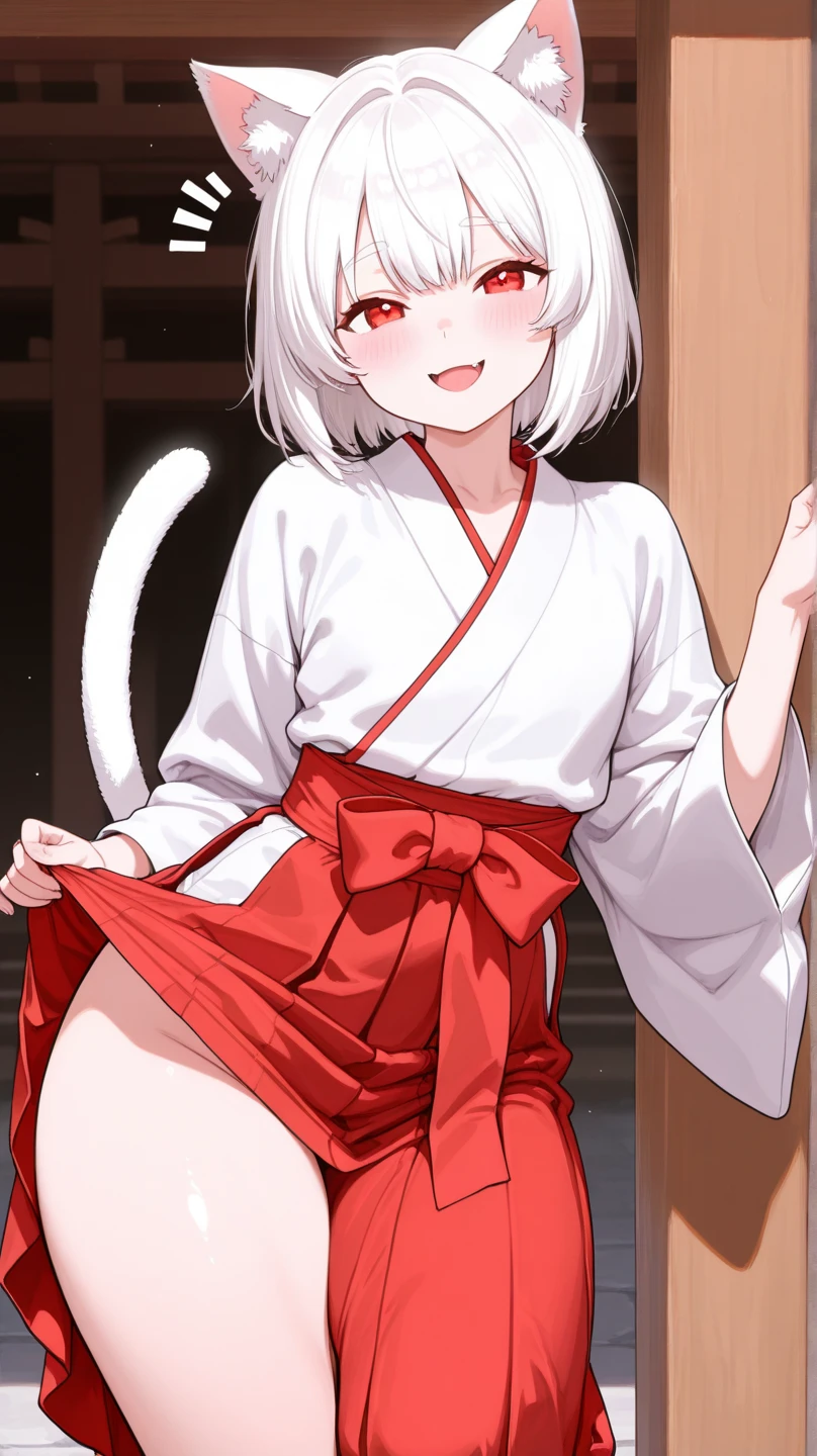Dynamic Angle , 1 shaggy white fox cub ,Furry, low length , Realistic fur , Round face, Round eyes , A neat hair tie , At Inari Shrine , Naked Boy,Naked,Naked Viewers, Completely naked,