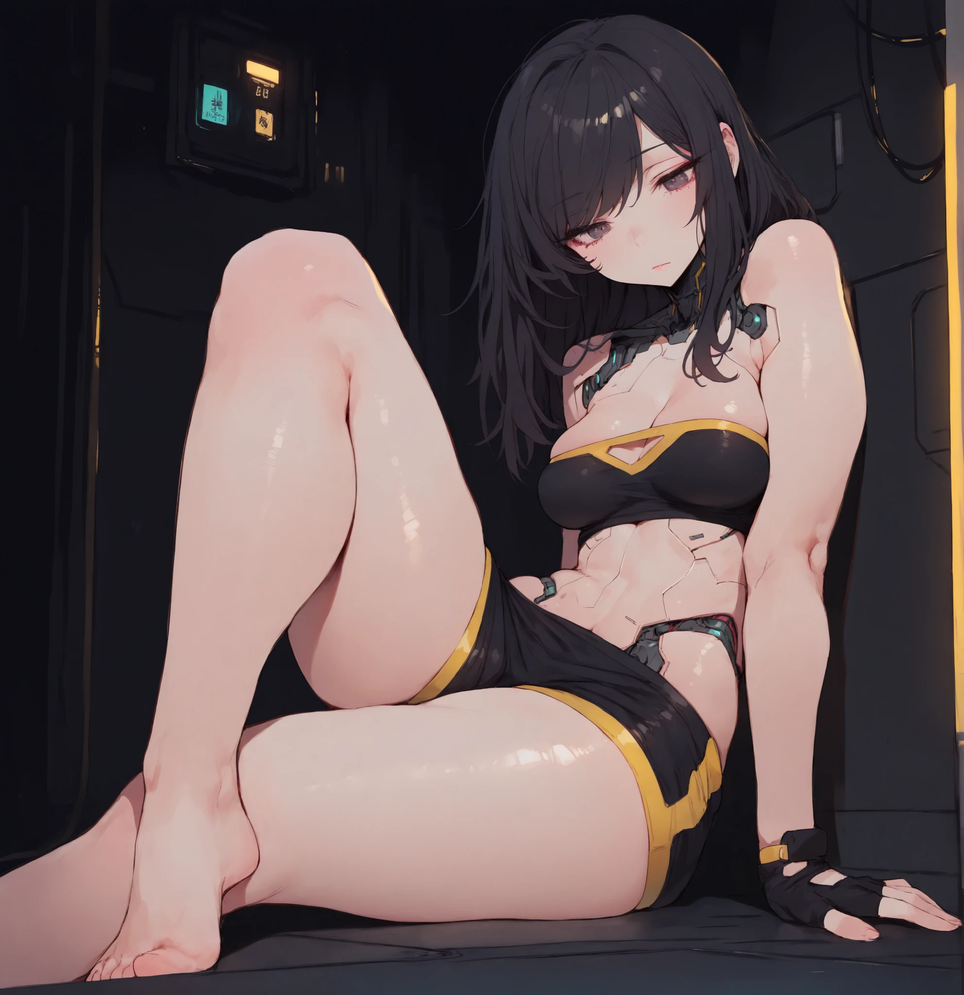 (masterpiece:1.35), (very aesthetic, best quality:1.3), highly detailed, dark environment, backlit, absurdres, detailed shading and textures, dark background, cyberpunk aesthetic, close-up,
Indoors, sharp detail, solo, plastic, a female android, cyberpunk, futuristic, (mechanical anatomy), (robotic anatomy), (skin lines), mechanical robot hips, mechanical robot trim,
Adorable and attractive, female, disheveled hair, shiny hair, black hair, shiny plastic skin, curvy and petite body, dark eyes, perfect breasts, very narrow waist, skindentations, hip_indentations, very slender, round hips, thick thighs, swept bangs, disheveled hair, hair down, cleavage,
Black trim, revealing outfit, fingerless gloves, black tube-top, black spandex shorts, impossible clothes, exposed midriff,
Sitting on floor, dynamic pose, expressionless, pink lips, eyelashes, eyebrows, eyeliner, blinking lights, digital components, small yellow trim, dynamic pose, barefoot,