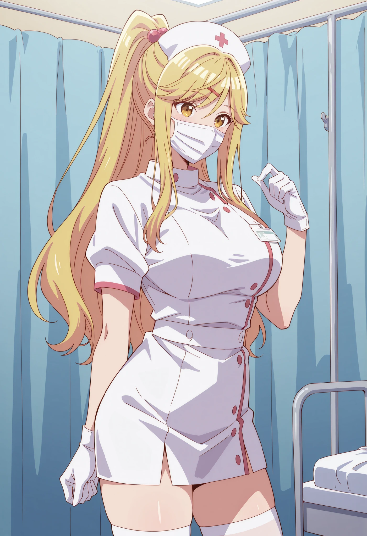 Score_9, score_8_up, score_7_up, source_anime, himari ishikura, solo, bangs, blonde hair, hair ornament, yellow eyes, ponytail, hairclip, high ponytail, large breasts, hair bobbles, (best quality), (high quality), {masterpiece}, extremely delicate and beautiful, ultra-detailed, beautiful detailed eyes, nurse, nurse hat, ((white nurse's outfit)), white gloves, white thighhighs, hospital room, ((white mask, mouth mask, covered nose)), standing