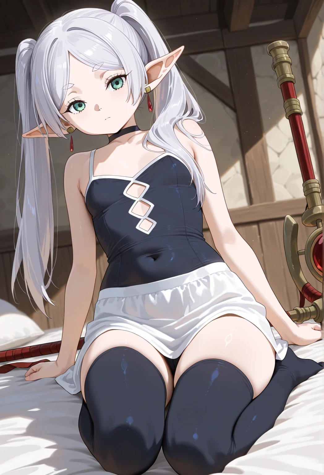 1 girl closeup, bunny girl, leotard, fishnet stockings, elf, silver hair, red eyes, braid, sitting on chair, tavern, dark indoor, embarrassed, blush, concept art, beautiful anime scene, beautiful anime landscape, top rated on pixiv, top quality, 4K