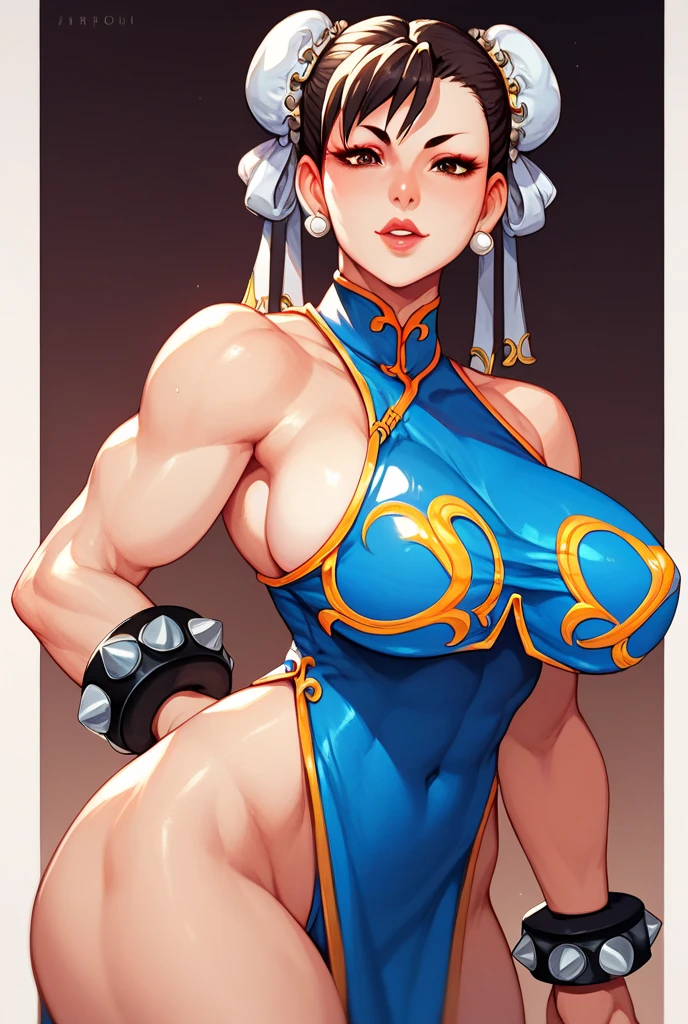 nsfw,((最high quality, 8K, masterpiece: 1.3, Ultra HD, high quality, 最high quality, High resolution, realism)) 、(High saturation:1.0), (Highly detailed skin), (最high quality:1.0), (超High resolution:1.0) ,(Realistic:1.0), (Very detailed:1.0), (8K, Raw photo:1.1), Sturdy、Muscular body'Toned like an athlete's、Street Fighter Chun-Li、Pastel blue background、I want to see up to my knees、blue micro bikini、(Huge Breasts:1.5)、Kenpo stance、Fighting Pose