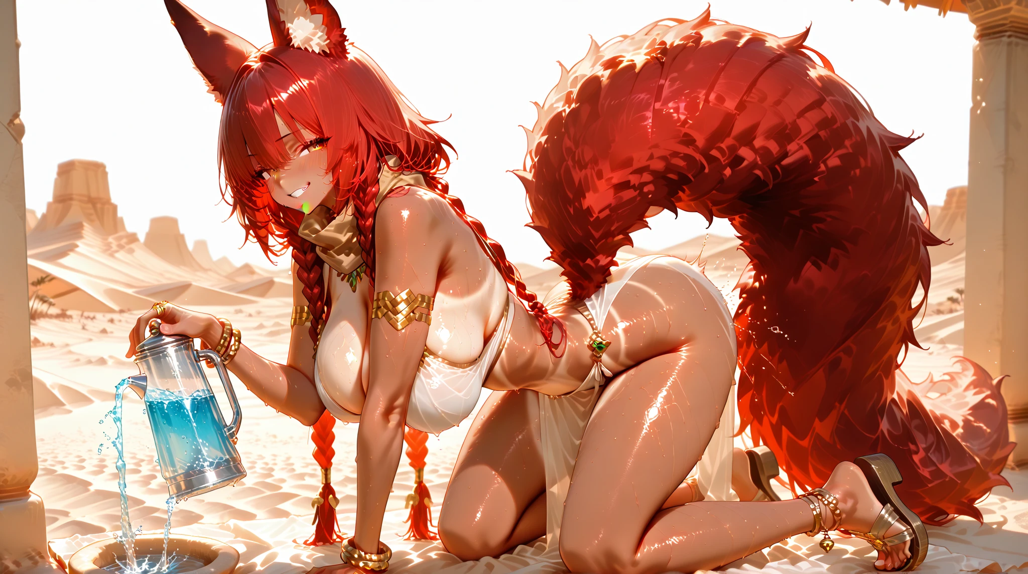 1girl with long ((!red hair))), amber eyes, fox ears, slender body, ,nude, sitting on bed.bluah, emabarrased. Night, wooden home, fantasy house, , night outside, fox tail