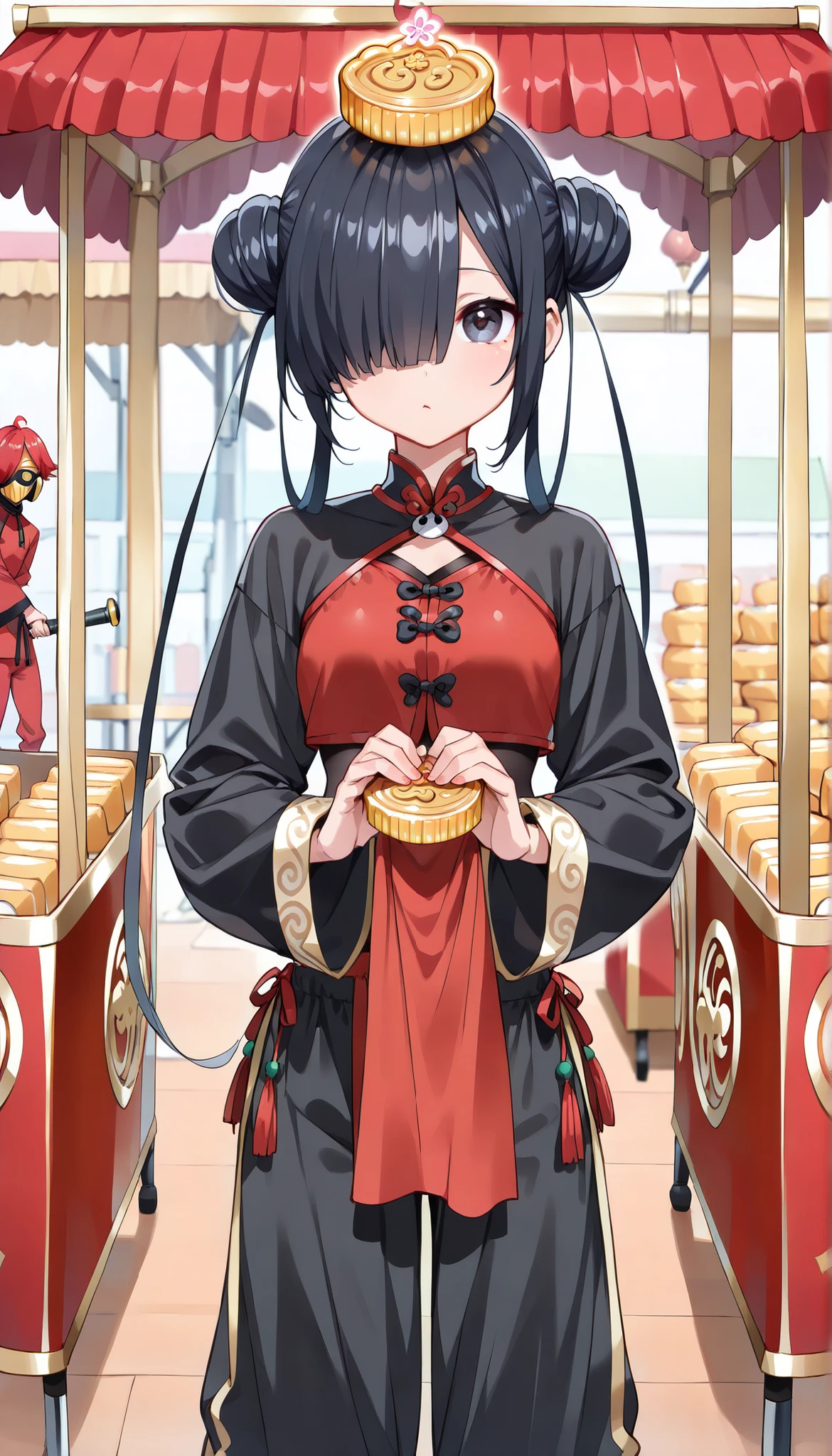 ( masterpiece , best quality , high quality ,8k,) personification of mooncake girl flat-chests (black-short-bob-bun-hair:1.4) (mooncake-hair-accesory:1.8) (red Kung fu clothing :1.4). (pants:1.4) (long-sleeves:1.4) tights (holding-magical-rod:1.8) magical-girl (hair over one eye, bangs, long bangs, :1.4) .street town food-stall table mooncake in box table food-cart high-fnatasy-style