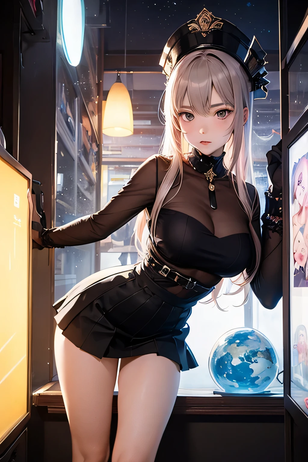 best quality, masterpiece, high resolution, A girl, platinum hair, purple eyes, fashion clothing, necklace, jewelry, Pretty Face, Perfect breasts, more than_Body, Tyndall effect, lifelike, Dark Studio, Side lighting, Two-color lighting, (HD Skin:1.2), 8k , Soft Light, high quality, Volumetric Lighting, frank, high resolution, 8k, Bokeh,hort depth of field, hacker female, computer