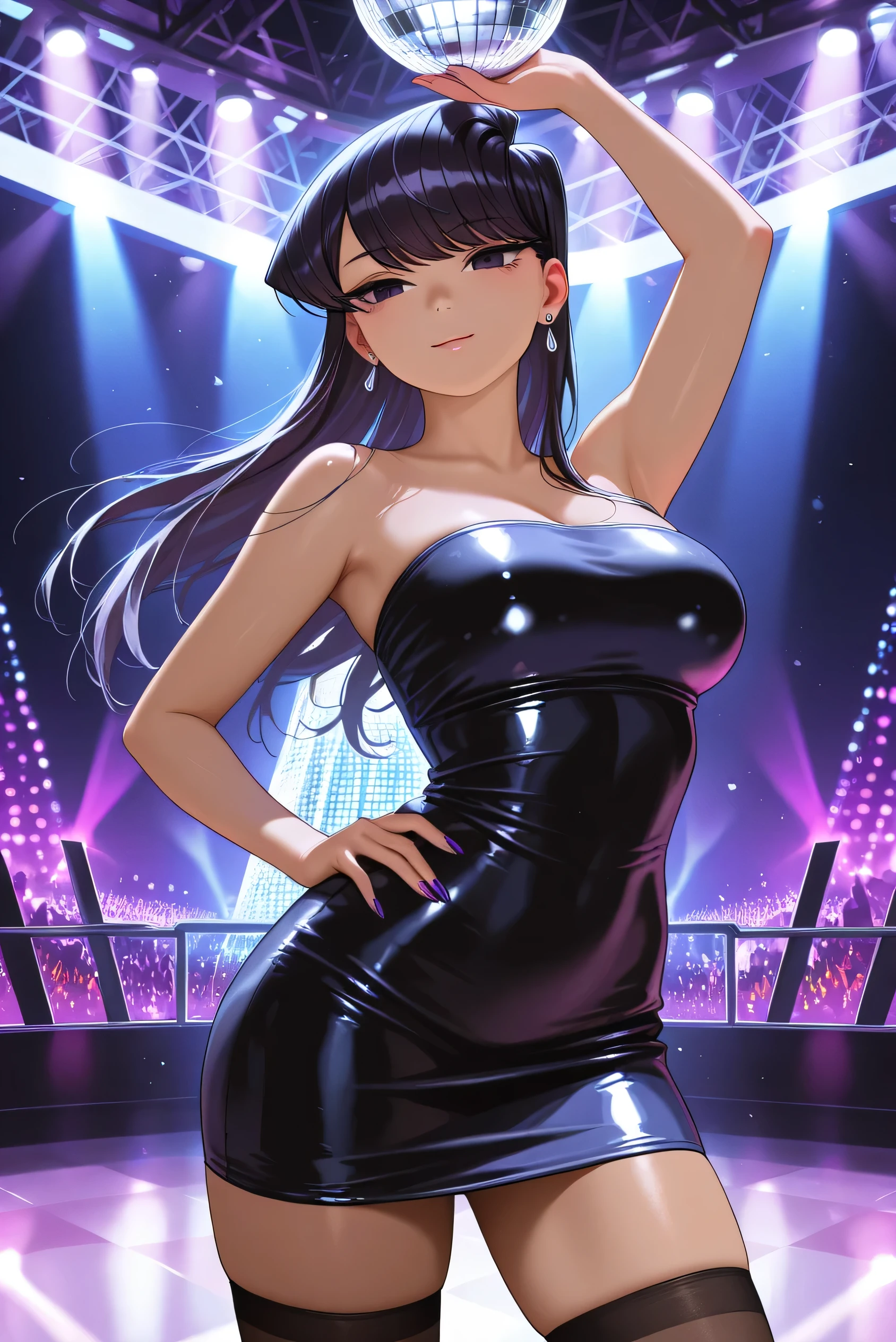 Blue long hair high school girl,Purple eyes,Stage Costumes,Blue Dress,microphone,Live Stage,Spotlight
