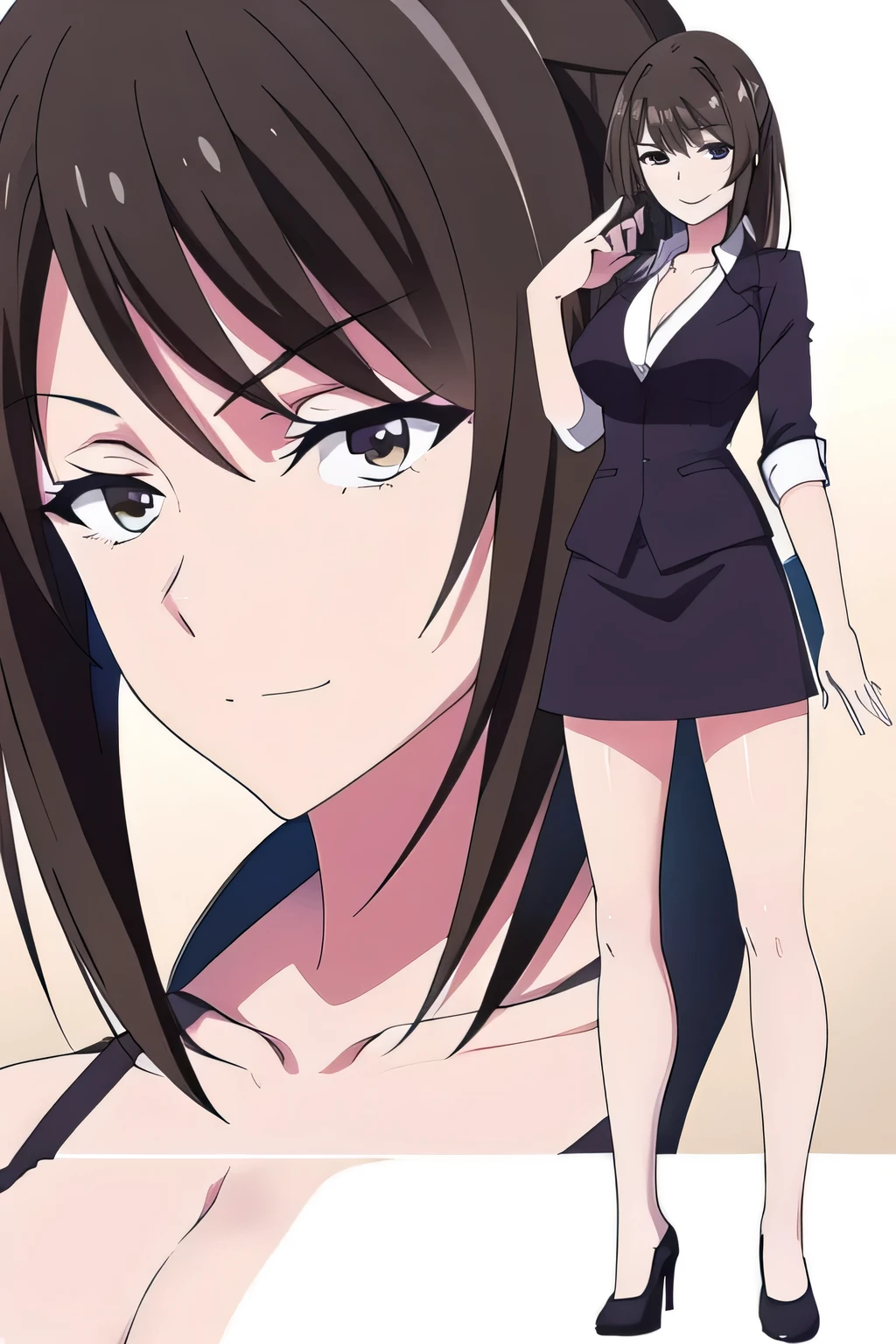 Chabashira, 1 girl, ponytail, black hair, hair clip, chest, cleavage, formal, suit, pencil skirt, black pantyhose,
(looking at the viewer), high heels, smile,
[anime screenshot::0.8], masterpiece,highest quality,(arms crossed:1.3)