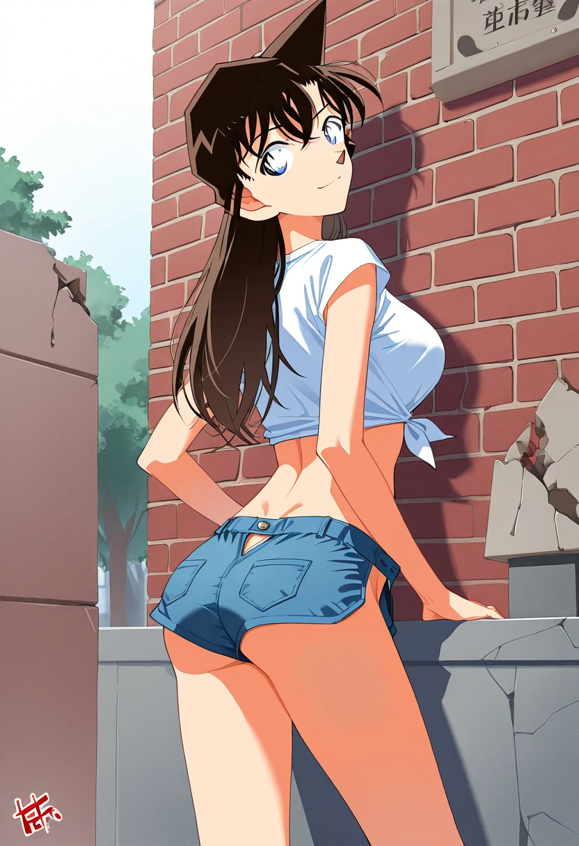 Koyomi Mizuhara, Brunette hair, long hair, glasses, medium breasts, bra underneath, medium ass, volleyball tight shirt, biker shorts/thong piece lift, socks, sneakers, smirking, view from behind, standing straight, tight ass wedgie, street background, posing by the wall