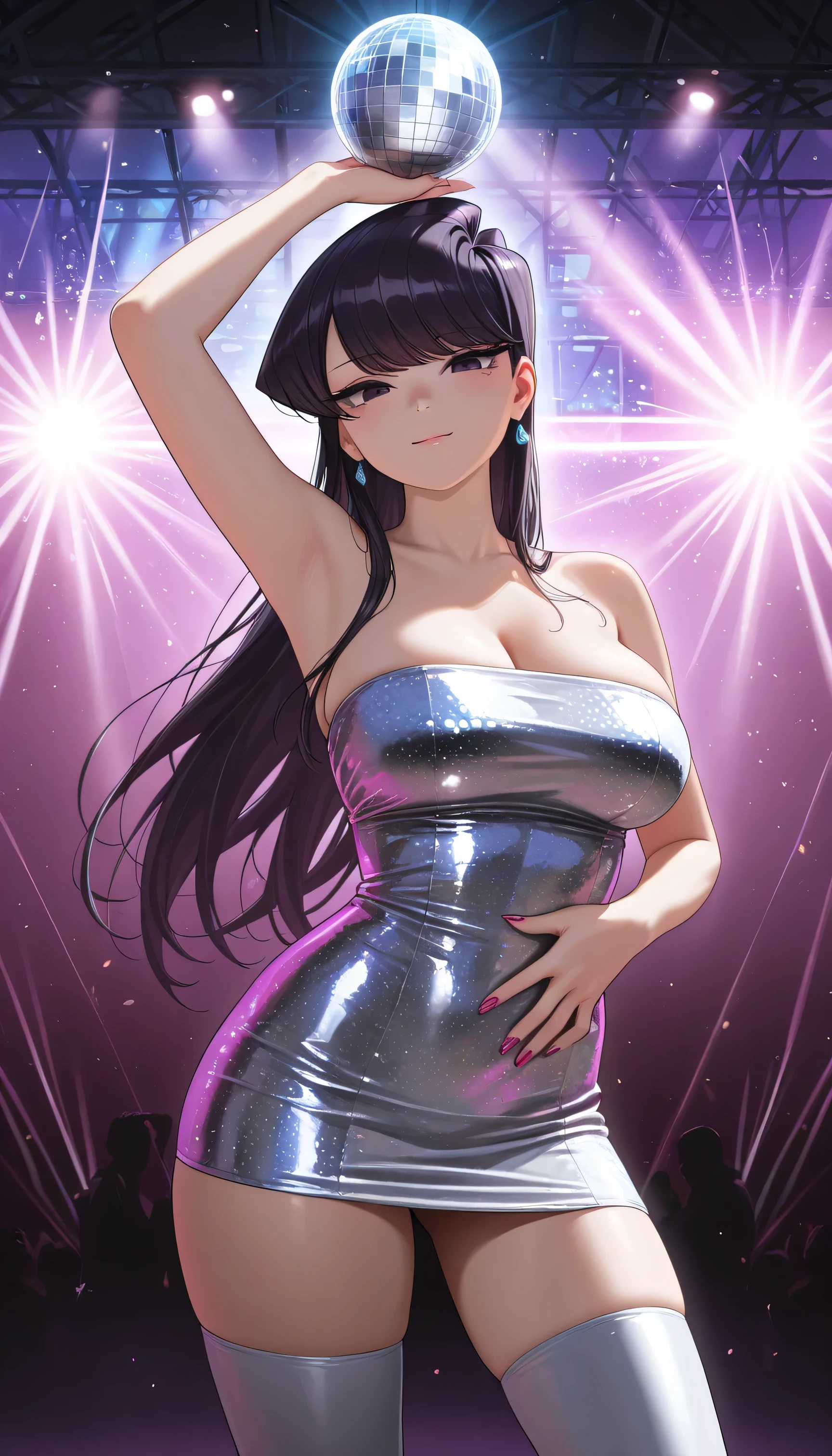 On the night, animated girl on a red carpet , festival de Cannes, paillettes , Evening dress, photographe in the background, flashes, the girl have rainbow colors hair's , light ambiance , dentelles, stockings, seductive animated girl, best rated on pixiv, Tendances sur ArtStation pixiv, Anya de la famille Spy X, female character'anime, du jeu vidéo Azur Lane, les gars, (animated girl), style voie d'Azur, lights effects, many colors, HD full details, high quality, different poses