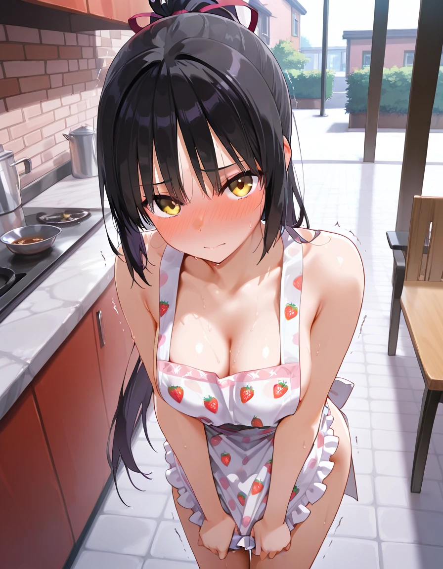 ((masterpiece, best quality, 16k, ultra detailed, high resolution, )), 14yo, cute girl, twin tails hair, black hair, hair band, slender body, pointy breasts, (tanned glossy skin, ), nude, pussy, (white waist apron, ), ((show off nipples, )), seductive smile, hotel kitchen,