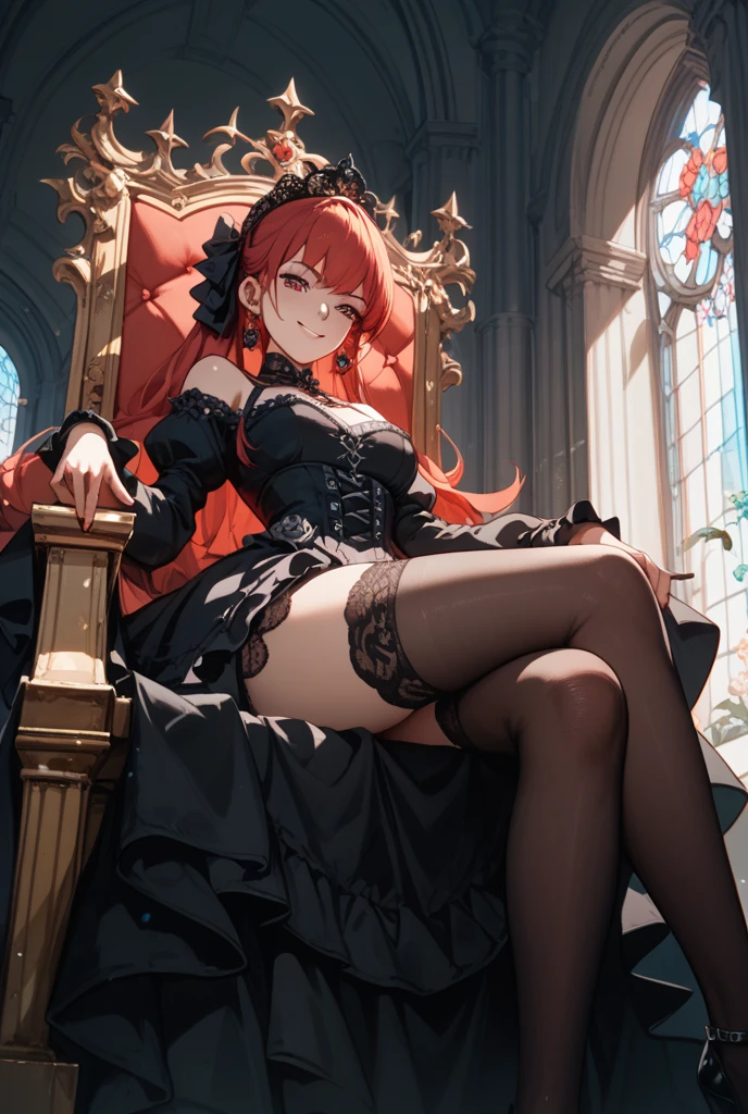 perfect light, colorful, castle, throne, indoor, night, 1girl, solo, solo focus, (childish:1.6, petit:1.6), huge breasts, large breasts, medium breasts, detailed face, kuroinu_prim, pink long wavy hair, blue eyes, tiara, black lace trim see through bra, black lace trim garter belt, lace trim black thighhighs, ribbon, red sexy high heels, black lace trim see through panty, black lace trim panties, side-tie panties, elbow gloves, hair ornament, lace trim see through body corset, underwear:1.4 full body, sitting on the throne, crossed legs, looking at viewer, from below, light open mouth, grit teeth, light mischief smile, ojou-sama pose, grit teeth, below pov, from below, black lingerie, kuroinu_prim,1girl, prison background, desperate