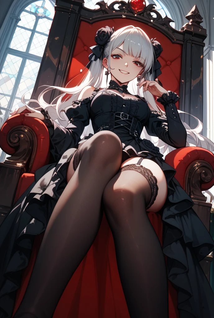 ((Masterpiece, Best quality))++, Detailed light+, Detail hair+, detail hand+ ,1girll, woman, Long hair, dark red eye, Beautiful eyes, Young gray hair,,(Beautiful white hair:1.5),(Beautiful detailed eyes), , high resolution+, Masterpiece, , Glass tones, Reflective eyes, {{Angle}} , extremelydetailedwallpaper, Original,full bodyesbian,Bedrooms,upper legs, starrysky,Issuing,Black thigh boots,Black lace-up boots,Gothic_Lolita,Normal legs,The reveal panties,The edges of the boots are noticeably different,Leg correction,beret,Sit in a chair
