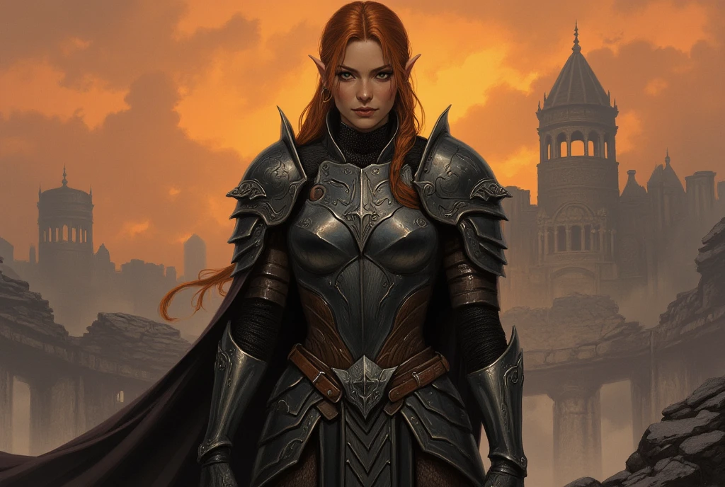 Full length female elf warrior,  20s-30s,  with auburn braid, and pointed ears,  wearing ornate dark-grey steel armor.  Armor features detailed patterns and intricate carvings.  Full body plate armor,  leather-like gauntlets,  boots and a flowing cloak.  A serious expression,  eyes directly ahead.  Solid posture,  standing confidently.  Warm-toned,  sunset-like environment with muted, orange-yellow, and dark-gray hues.  Misty background of ancient ruins and ruins, implying a desolate and mysterious setting.   Silhouette of ancient structures, casting dramatic shadows.  Soft diffused light with muted tones.  Painterly, realistic style,  emphasizing detail in armor.  High-resolution image, focusing on the intricate detail of the armor and the character's expression.  Art Deco inspired style,  with a medieval-fantasy theme.