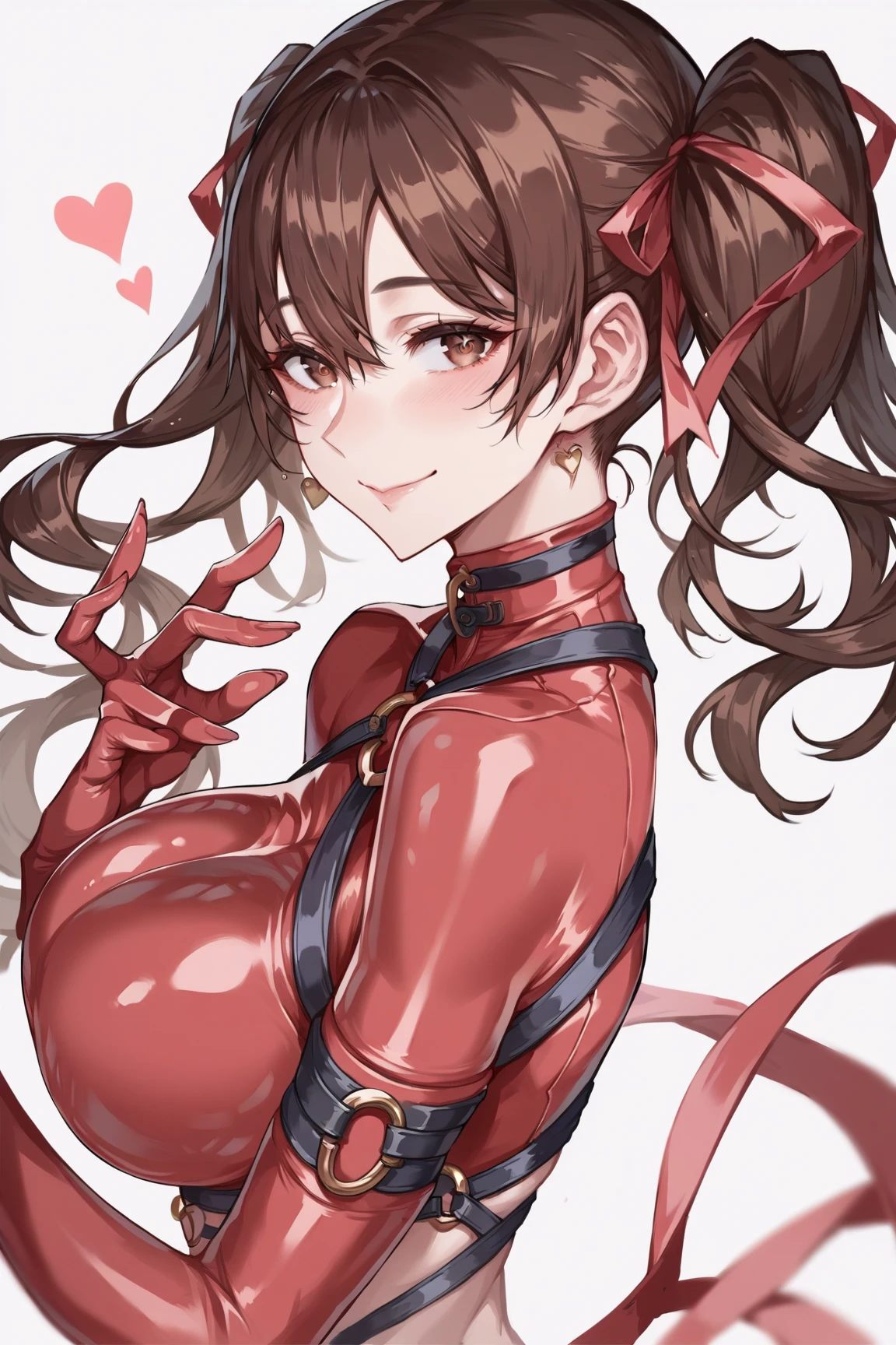 (masterpiece), (cowboy shot), (best quality, ultra-high resolution, depth of field:1.2), (perfect anatomy), Fair skin, Elf girl, pink eyes, black hair in a hime hairstyle, ponytail, pink bow, gold earrings, brown leather pants, fantasy scenery
