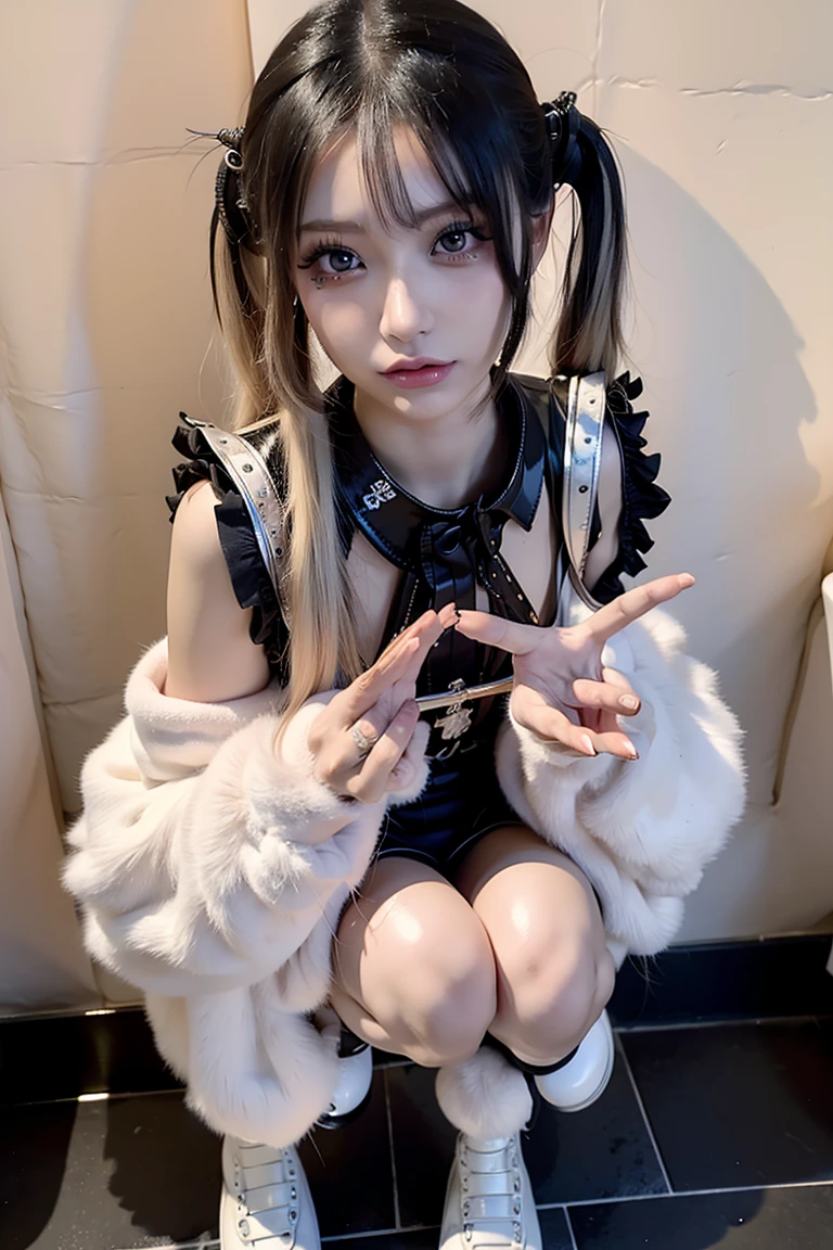 There was a woman in a cat costume raising her hands, with index finger, cruel korean goth girl, Attractive cat girl, 1 7 - year - old anime goth girl, very beautiful cute catgirl, twintails white_mitts, With fingers, 1 7 - year - old goth girl, komono, beautiful young catgirl --auto