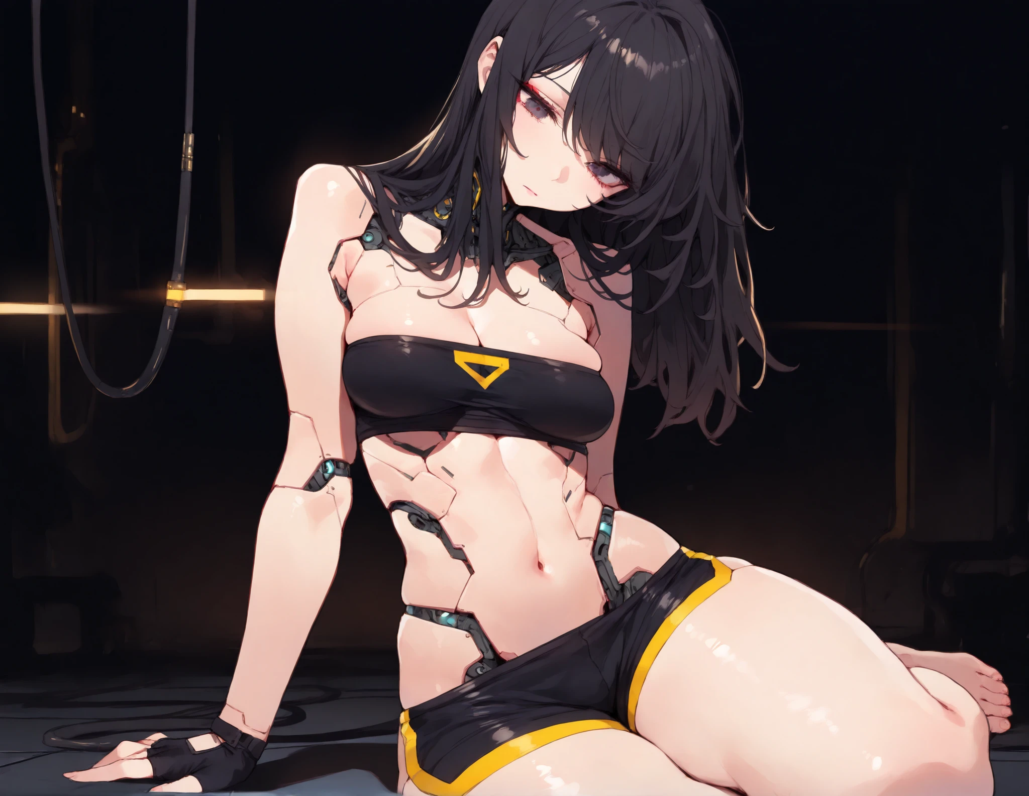 (masterpiece:1.35), (very aesthetic, best quality:1.3), highly detailed, dark environment, backlit, absurdres, detailed shading and textures, dark background, cyberpunk aesthetic, close-up,
Indoors, sharp detail, solo, plastic, a female android, cyberpunk, futuristic, (mechanical anatomy), (robotic anatomy), (skin lines), mechanical robot hips, mechanical robot trim,
Adorable and attractive, female, disheveled hair, shiny hair, black hair, shiny plastic skin, curvy and petite body, dark eyes, perfect breasts, very narrow waist, skindentations, hip_indentations, very slender, round hips, thick thighs, swept bangs, disheveled hair, hair down, cleavage,
Black trim, revealing outfit, fingerless gloves, black tube-top, black spandex shorts, impossible clothes, exposed midriff,
Sitting on floor, dynamic pose, expressionless, pink lips, eyelashes, eyebrows, eyeliner, blinking lights, digital components, small yellow trim, dynamic pose, barefoot,