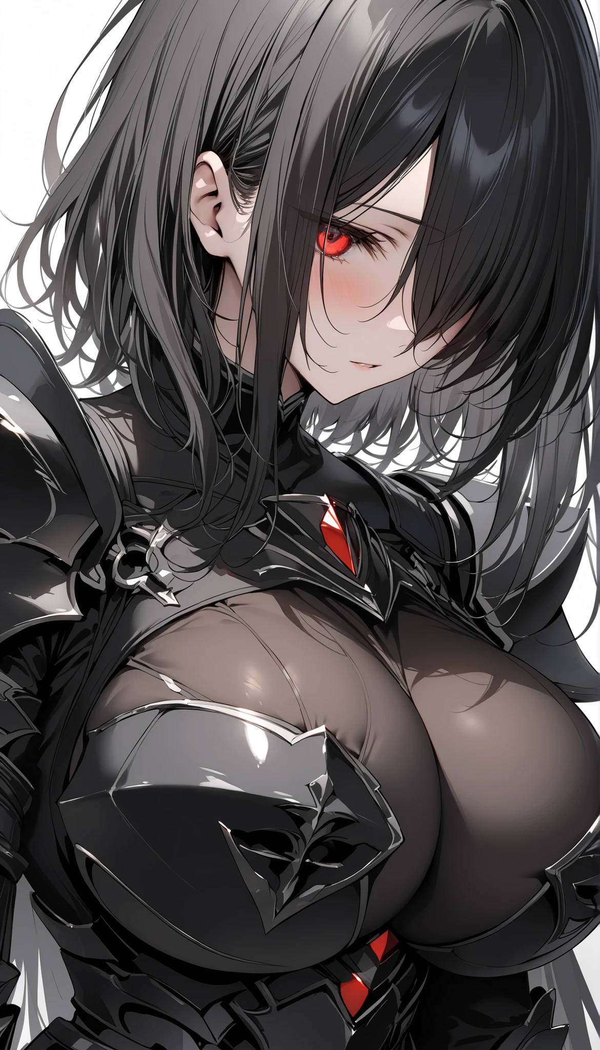 Ancient era, armored, Queen Persephone, blood everywhere, bloodmoon Queen drenched in blood, looking at viewer psychotically, creepy smirk, covered in blood, destroyed village, cursed Triforce, destroyed town,