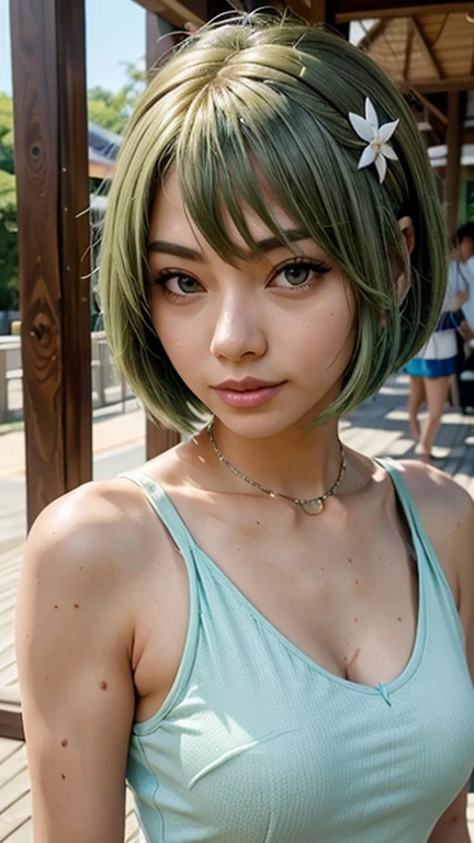 1 girl, alone, alone focus, Cowboy Shot, Portraiture, Small size hoodie:2, Aqua green and white hoodie:1.8, Half watercolor, Half Green, ((Brown Hair)), (Short Bob Hair、Gradient Hair :1.5), Curly Hair, ((Pink Eyes)), Very detailedな目, Sunburn, (Dark Caramel Skin:1.1、{Huge|big|Hugeな|Mega} chest:2, chestの谷間:2、chest元を非常に見せつける、Attractive and beautiful woman、Beautiful woman full of sex appeal、腕でchestを挟みchestの谷間を強調、A very happy smile with her mouth closed), (highest quality, Very detailed, so beautiful、White Background, Simple Background)