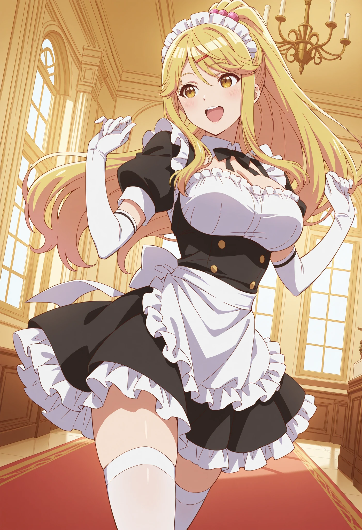 Score_9, score_8_up, score_7_up, source_anime, himari ishikura, solo, bangs, blonde hair, hair ornament, yellow eyes, ponytail, hairclip, high ponytail, large breasts, hair bobbles, (best quality), (high quality), {masterpiece}, extremely delicate and beautiful, ultra-detailed, beautiful detailed eyes, maid, black maid costume, short sleeves, puffy sleeves, white headdress, white frilled apron, white elbow gloves, white thighhighs, mansion, indoor, smile, open mouth, standing