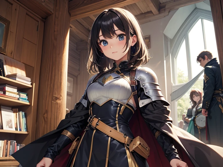 a girl, warrior, brown hair, long hair, brown eyes, beautiful breasts, hair between eyes, bangs, full body, confident, heroic posture, smiling, dark blue leather armor, cape, fantasy, medieval ruin
