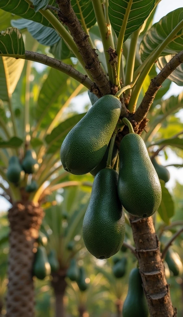 green mango hanging in the green tree, full tree view ultra realistic 8k