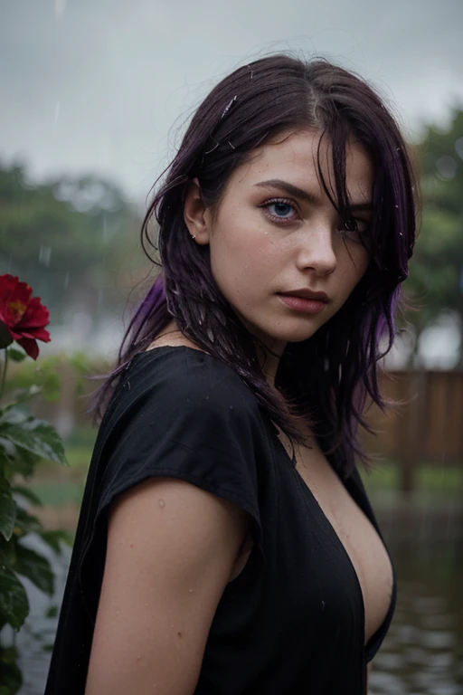 1 girl,(standing alone),(Top-notch image quality),(high qualiy),(high resolution),(detailded),(work of art),(work of art:1.2),(realisitic), looking ahead at viewer, olhos detaildeds, face perfect, perfects eyes, rosto detailded,short purple hair, greeneyes, aretes, new, without the clothes ,curved, naked in the backyard, in the rain, Full-body image