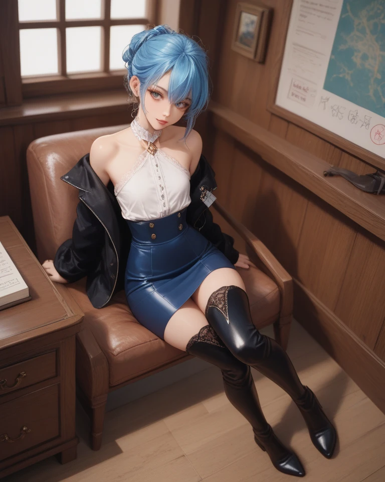 sitting, sofa, royal room, holding a glass of wine, legs crossed, dutch angle, masterpiece, higres, best quality, detailed eyes, detailed face, portrait, smile, looking at viewer, belle, 1girl, short hair, (blue eyes:1.2), blue hair, skirt, shirt, jewelry, white shirt, earrings, black skirt, suspenders, high-waist skirt, suspender skirt, boots, white thighhighs, <lora:Belle1_lora:0.8> <lora:add_detail:0.6> fcDetailPortrait
