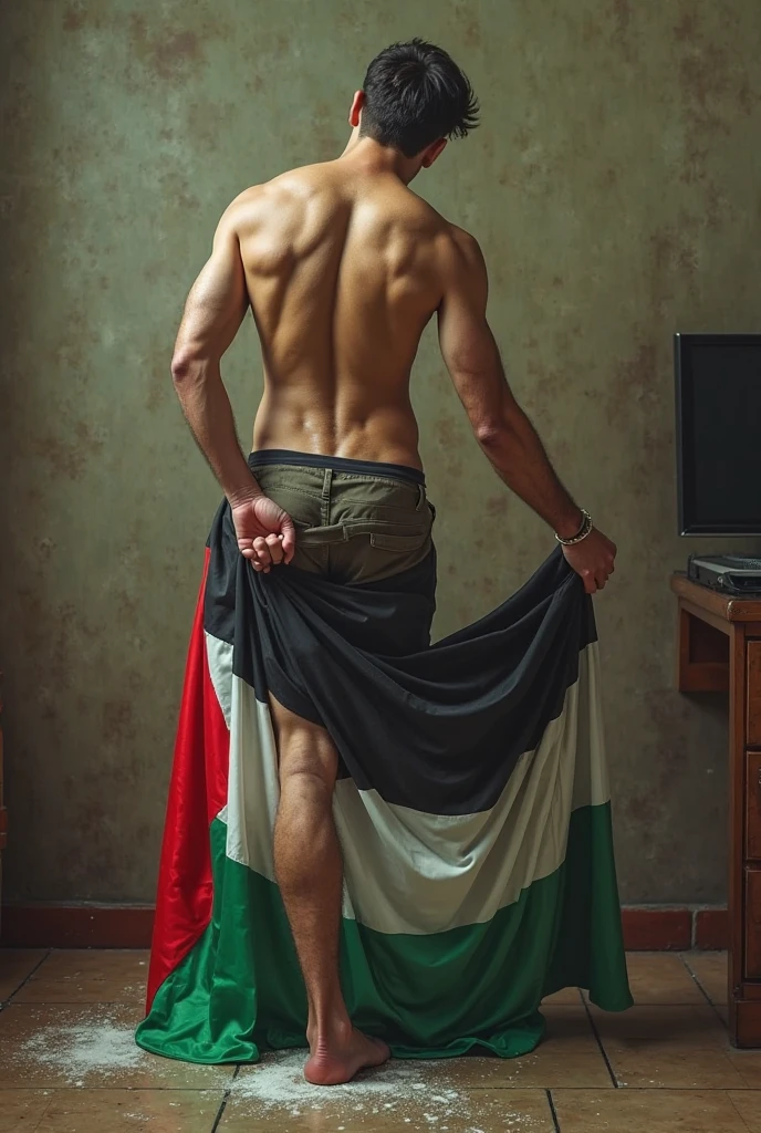 A Palestine flag full background and a handsome hot sexy guy is standing after that background wearing red dress shirt with open buttons and open arms and a black dress pents hot and nice hairstyle realistic