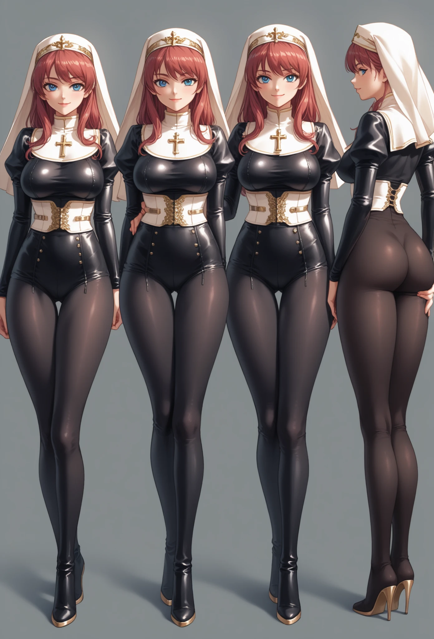 (Masterpiece, plain background:1.2) white short bob hair and skin, purple eyes, thin legs, thin body, leather corset and leather collar choker with golden neck bell, shackles wristbands bracers bracelets sleeves, bikini maid outfit, 1MILFWOMAN BIMBO full body standing symmetrical with both hands on hips, wide hips, view from below