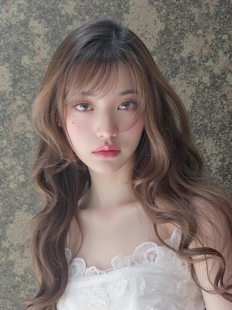 Close-up of woman with long brown hair wearing a white shirt, Lalisa Manubal, brown hair With explosions, Curtain explosions, Bangs and wavy hair, Brown hair and bangs, Fluffy bangs, With explosions, neat hair With explosions, Brown explosions, brown long hair With explosions, Asian Face, long hair With explosions, Yangon Chength, Xisunwoo and beautiful eyes