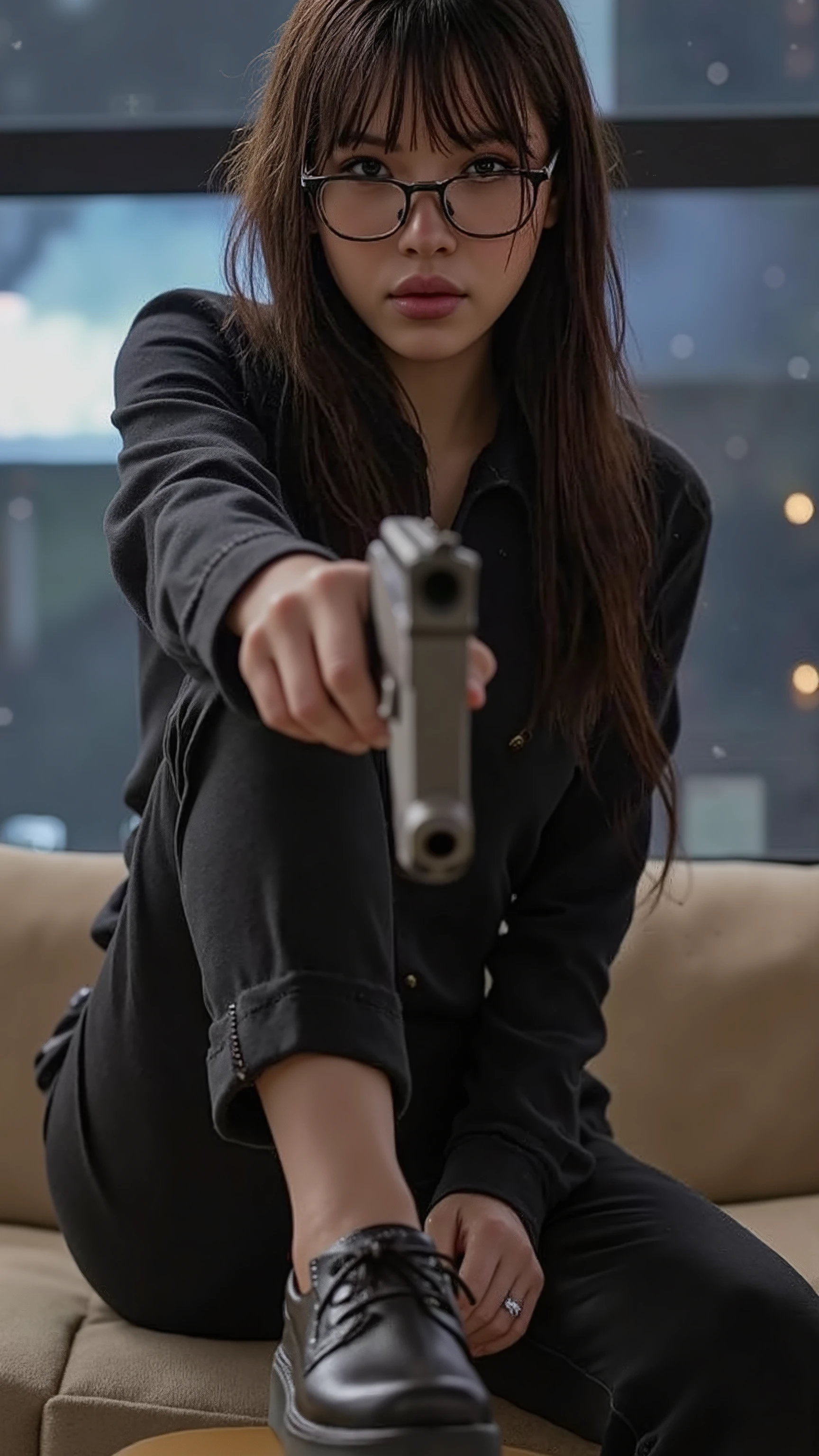 Poarch,🌟:Meisterwerk,best quality,ultra detailliert,32K UHD,ve*rry low angle, View from the floor up to the girl, scharfer Fokus,high level of detail of skin,Haaren und Kleidung,depth of field,Lichtpartikel,Lichteffekt,extreme aesthetics,visuelle Wirkung,Electromotive power ,perspective composition,unconventional supreme, masterful details ,hochwertige Textur,fashion photography style,dynamic and visually appealing look.
🌌:an interior at night with a starry sky in the background,the room is illuminated with a combination of artificial light and natural starlight,which creates a mysterious and aesthetic atmosphere.
😈:Kafka (Honkai: Stern Schiene) with medium-length hair,glasses on the head and an official alternative costume.she wears a shirt and a long sleeve shirt,her gaze is downwardly directed and Her mouth is closed. her foot kneads his penis under the pants
**Pose:** sie steht allein,her hand holding a handgun,that she points at the audience.Her foot is on the observer's erect penis,with a focus on her soles and the curvature of her foot.The scene is shot from a very low perspective,which is a dynamic and creates an exciting atmosphere.
🔥:the scene is full of visual effects,die depth of field und Lichtpartikel betonen die Details ihres Gesichts und ihrer Kleidung.Die Lichteffekte und die perspective composition unterstreichen die ästhetische und dynamische Atmosphäre.The handgun and the focus on her feet create tension and visual attraction.
💋:Kafka stands in an interior at night,her hand holding a handgun,that she points at the audience.Her foot is on the observer's erect penis.The scene is shot from a very low perspective und zeigt eine dynamische und spannungsgeladene Atmosphäre.