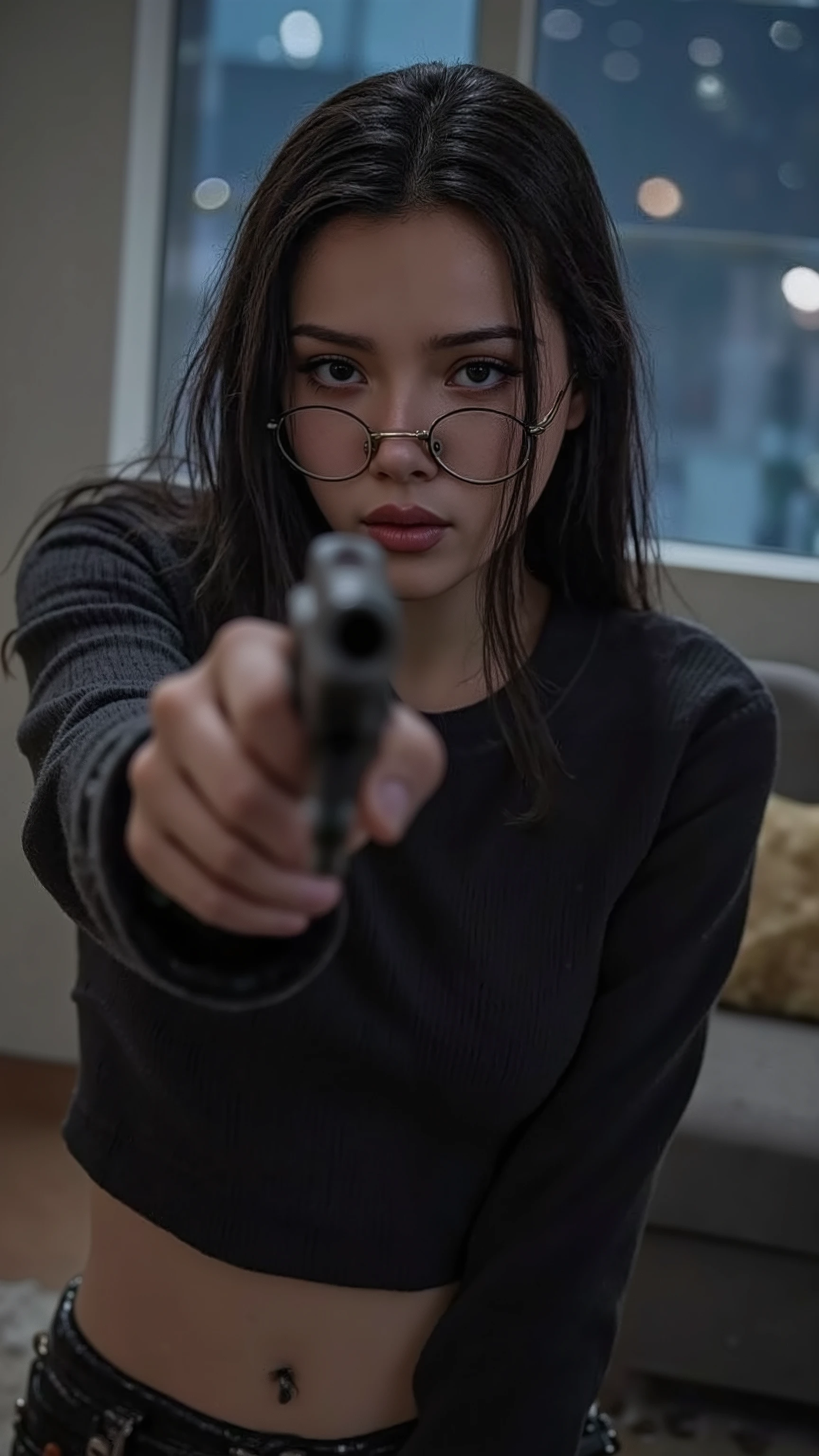 Poarch,🌟:Meisterwerk,best quality,ultra detailliert,32K UHD,ve*rry low angle, View from the floor up to the girl, scharfer Fokus,high level of detail of skin,Haaren und Kleidung,depth of field,Lichtpartikel,Lichteffekt,extreme aesthetics,visuelle Wirkung,Electromotive power ,perspective composition,unconventional supreme, masterful details ,hochwertige Textur,fashion photography style,dynamic and visually appealing look.
🌌:an interior at night with a starry sky in the background,the room is illuminated with a combination of artificial light and natural starlight,which creates a mysterious and aesthetic atmosphere.
😈:Kafka (Honkai: Stern Schiene) with medium-length hair,glasses on the head and an official alternative costume.she wears a shirt and a long sleeve shirt,her gaze is downwardly directed and Her mouth is closed. her foot kneads his penis under the pants
**Pose:** sie steht allein,her hand holding a handgun,that she points at the audience.Her foot is on the observer's erect penis,with a focus on her soles and the curvature of her foot.The scene is shot from a very low perspective,which is a dynamic and creates an exciting atmosphere.
🔥:the scene is full of visual effects,die depth of field und Lichtpartikel betonen die Details ihres Gesichts und ihrer Kleidung.Die Lichteffekte und die perspective composition unterstreichen die ästhetische und dynamische Atmosphäre.The handgun and the focus on her feet create tension and visual attraction.
💋:Kafka stands in an interior at night,her hand holding a handgun,that she points at the audience.Her foot is on the observer's erect penis.The scene is shot from a very low perspective und zeigt eine dynamische und spannungsgeladene Atmosphäre.