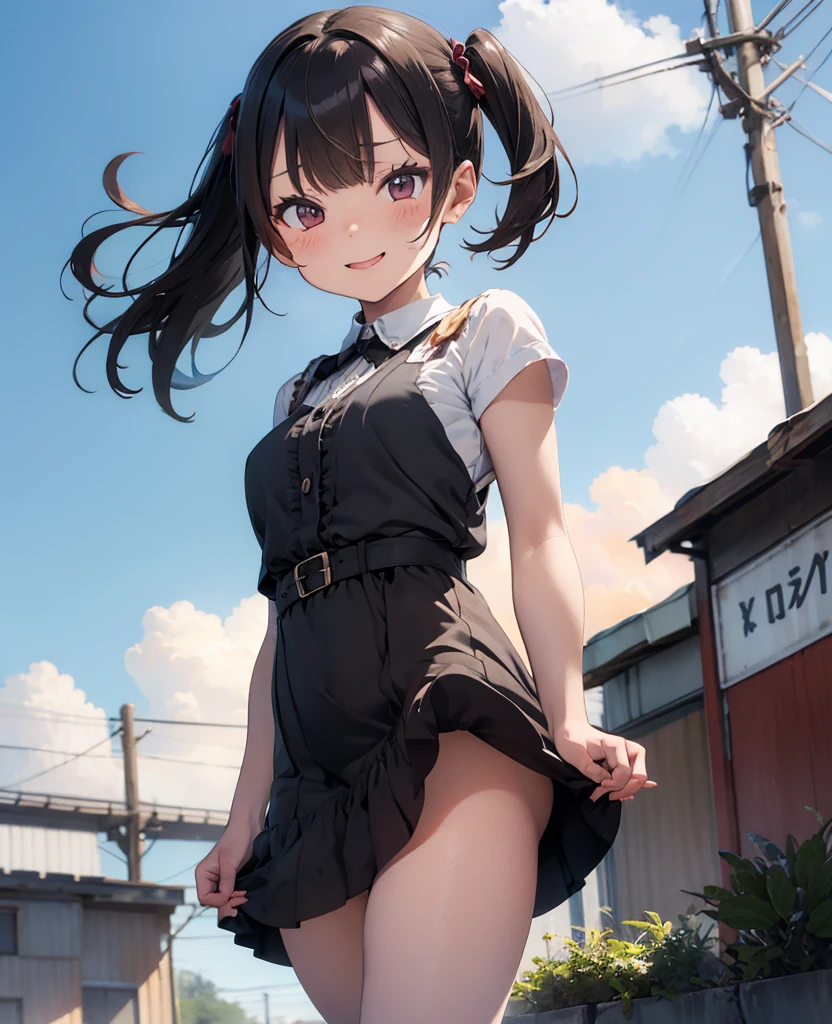 {{{masterpiece}}}, {{{best quality}}}, {{ultra-detailed}}, {illustration}, {{an extremely delicate and beautiful}},everyday, cute, girl, energetic, active, tomboy, jumping, black hair, cute panties, skirt fluttering and panties visible, You can see cleavage
